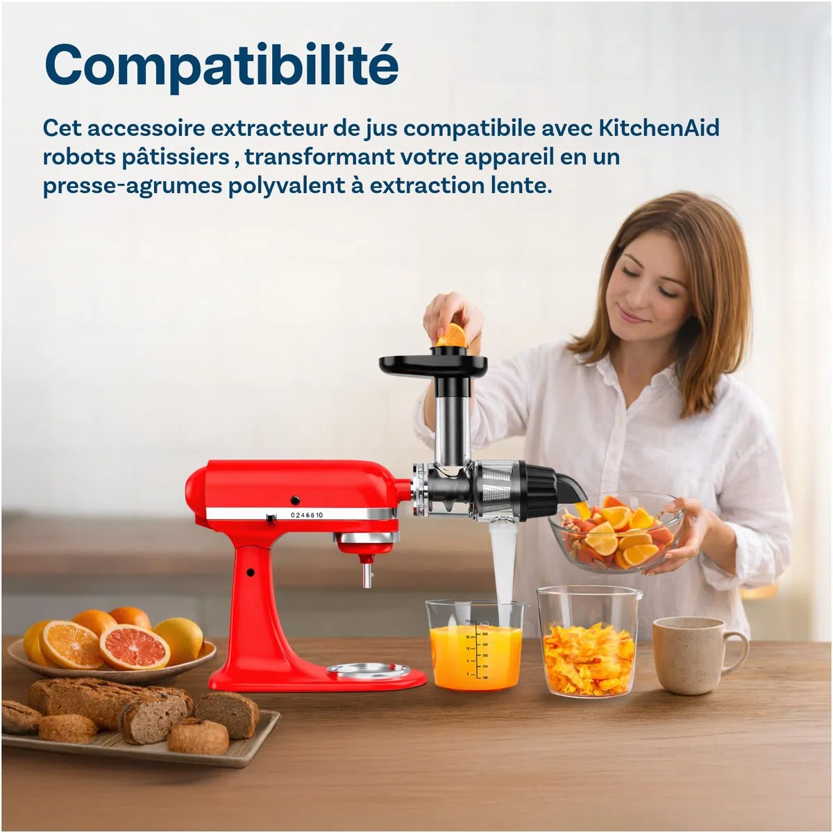Extracteur de Jus pour KitchenAid von MMOBIEL – Accessoire de Slow Juicer à Froid, Extracteur de Jus de Fruits et Légumes – Avec Poussoir Alimentaire & Brosse de Nettoyage