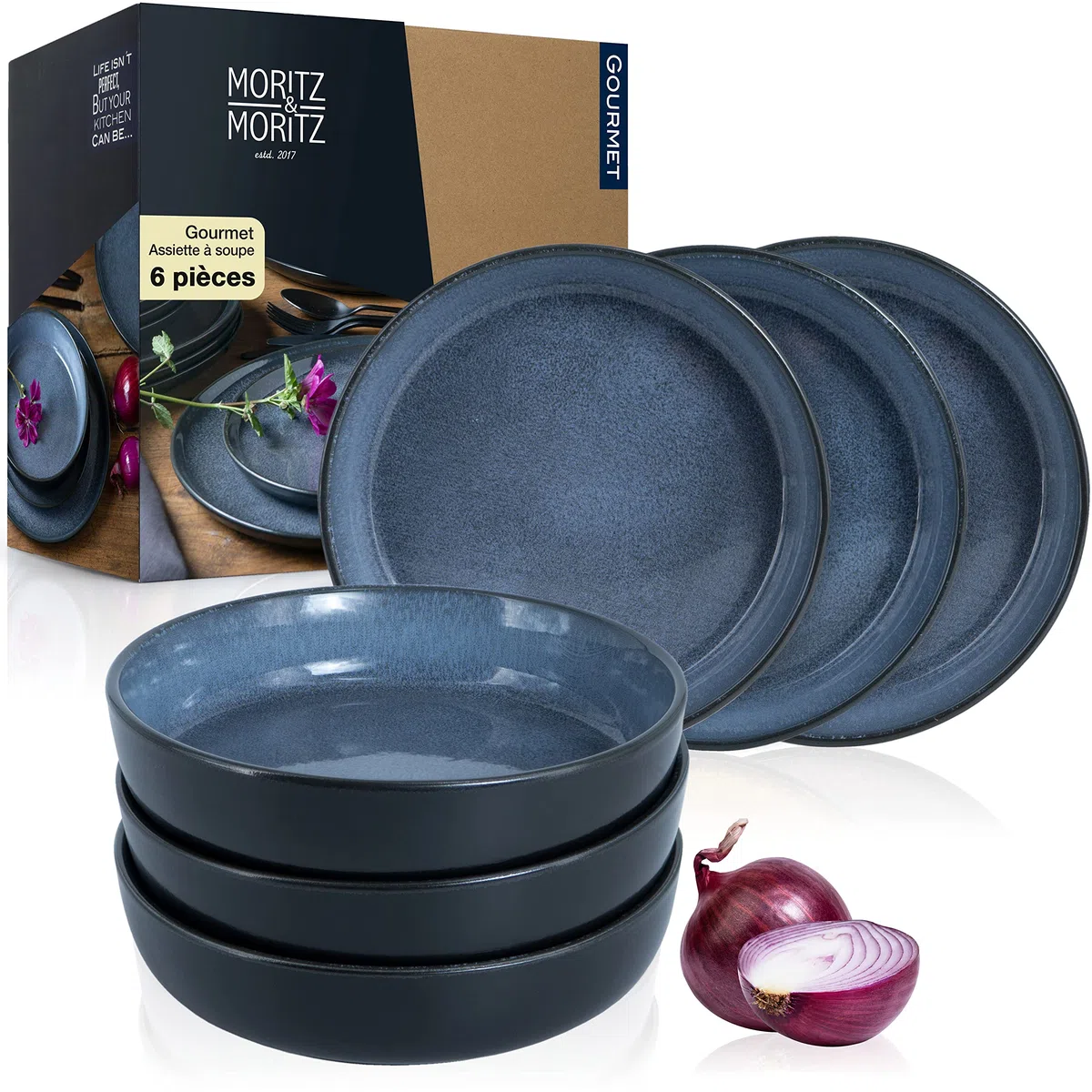 Moritz & Moritz VIDA Lot de 6 assiettes à soupe en porcelaine pour 6 personnes Passe au lave-vaisselle et au micro-ondes Bleu