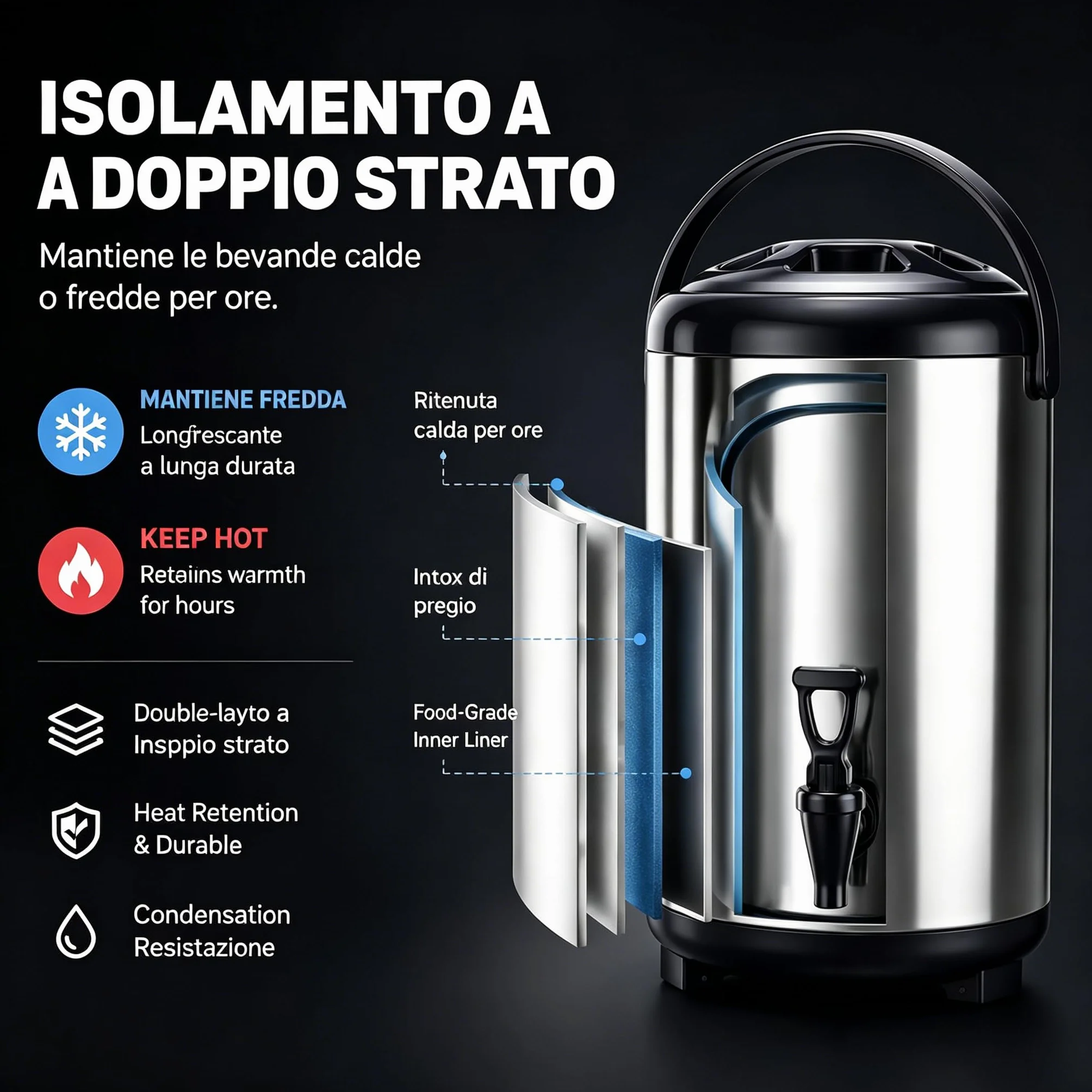 Distributeur de Boissons, 8L Distributeur d'eau Chaude et Froide Seau à boisson isotherme en Acier Inoxydable Bouilloire Thermostat Distributeur d'eau Chaude et Froide avec robinet