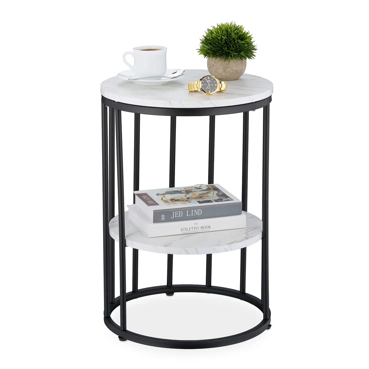 Relaxdays Table d'appoint, 2 Plateaux Aspect marbre, métal et MDF, H x D : 57 x 40 cm, pour Le Salon, Blanc et Noir