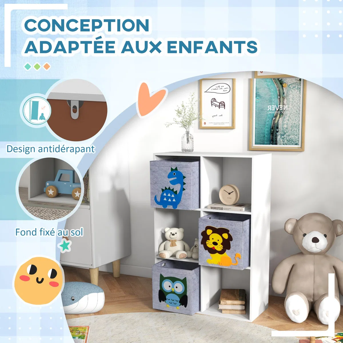 ZONEKIZ Meuble de Rangement pour Enfant, étagère pour Chambre d'enfants, bibliothèque, 6 Cases, 3 Cubes paniers en Tissu Motif Animaux pour Salle de Jeux, 62 x 30 x 91,5 cm, Blanc
