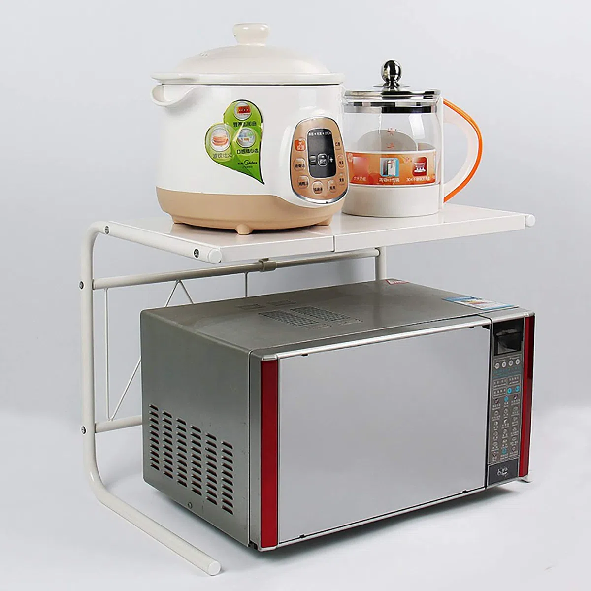 Étagère à micro-ondes extensible à 2 niveaux en acier au carbone Étagère de cuisine extensible Support micro-ondes multifonction Étagère de cuisine Organisateur