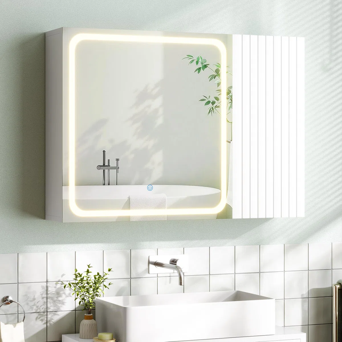 Armoire Murale Salle de Bain avec Éclairage LED et Miroir HD, Armoire de Toilette avec Étagères Réglables, 3 Températures + Intensité Réglable, Meuble de Salle de Bain, Blanc 16 x 60 x 80 cm