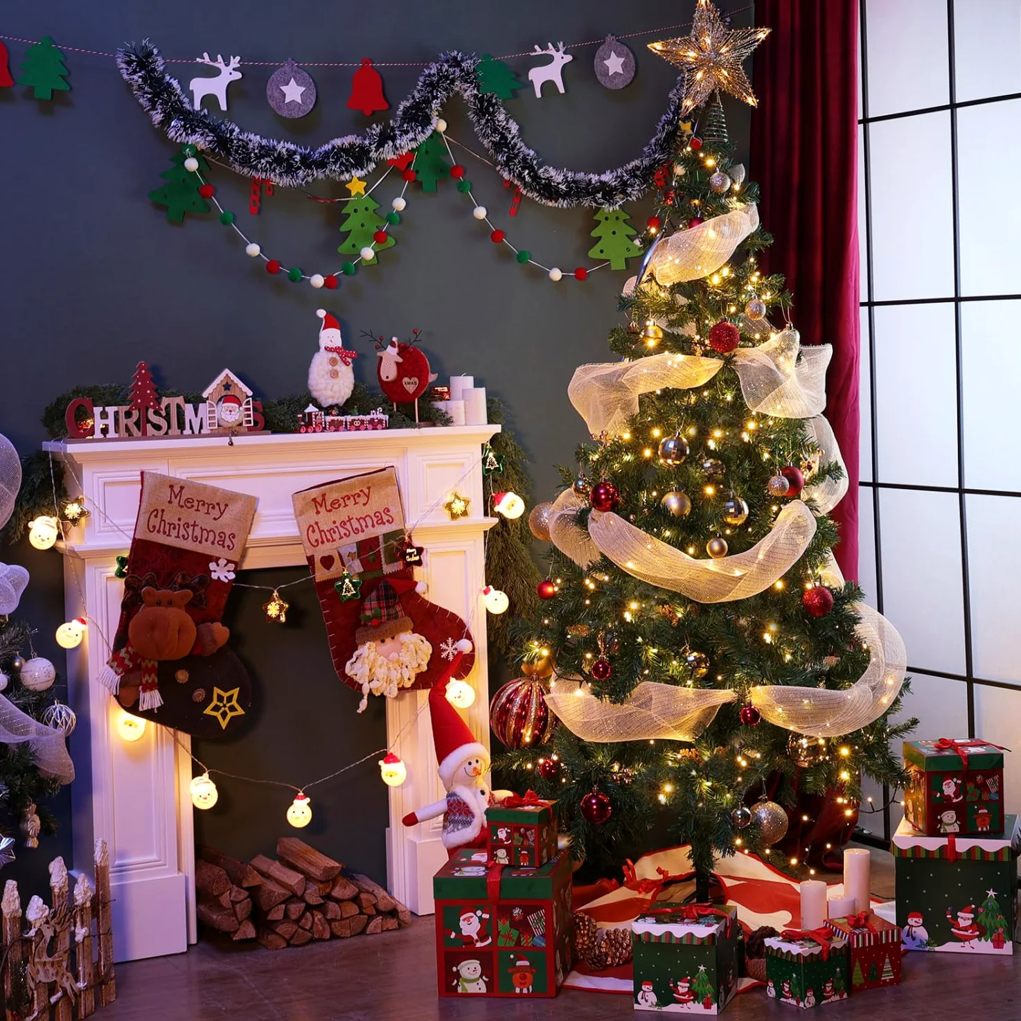Aigostar Sapin de Noël Artificiel 180 cm avec Guirlande Lumineuse LED 18 M，8 Modes d'Éclairage，300 LED Lumières Blanche Chaude，450 Branches， Inclus Support en Métal， Décoration de Noël， Vert