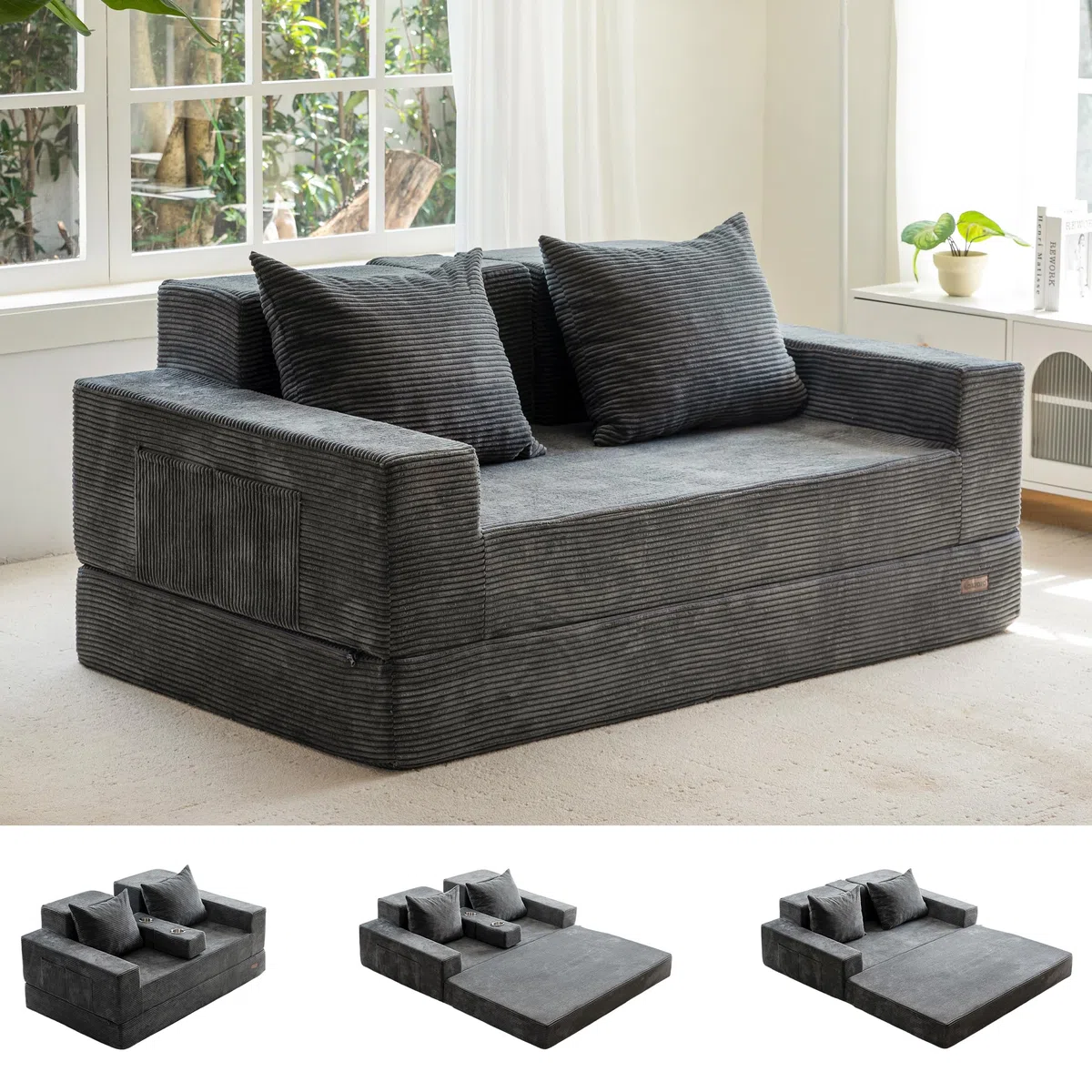 MAXYOYO Canapé-Lit Pliant, Méridienne en Velours Côtelé, Sofa Convertible avec Porte-Gobelet et Coussin, Canapé-Lit de Compression pour Salon, Chambre ou Chambre d'amis | Canapé-lit convertible avec porte-gobelet et oreillers, canapé de compression pour s