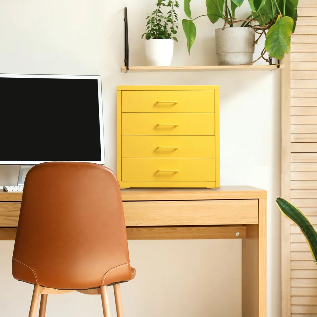 HollyHOME Armoire de rangement verticale avec 4 tiroirs, armoire de rangement verticale pour lettre A4, tiroir de rangement en métal pour le bureau à domicile, montage soi-même, jaune clair