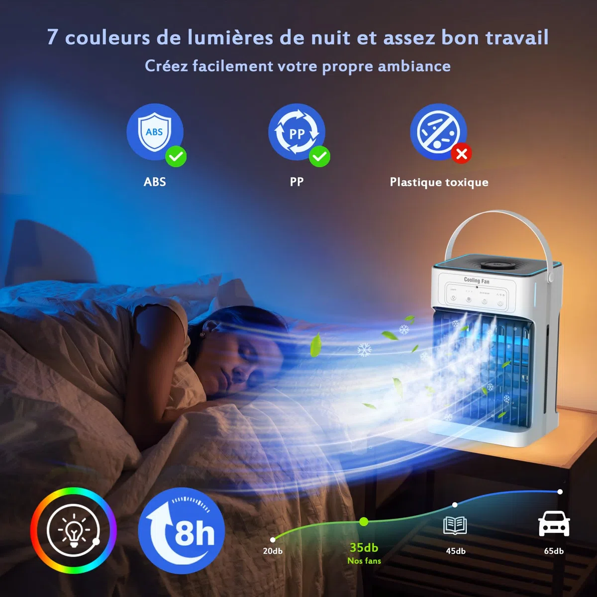 Portable Climatiseur Mobile, 1100ML Rafraichisseur d'air avec 3 Vitesses d'air & 3 Brumes de Refroidissement, 2-8H Timer & 7 LED,USB Clim Mobile pour Chambres,Appartements et Bureaux