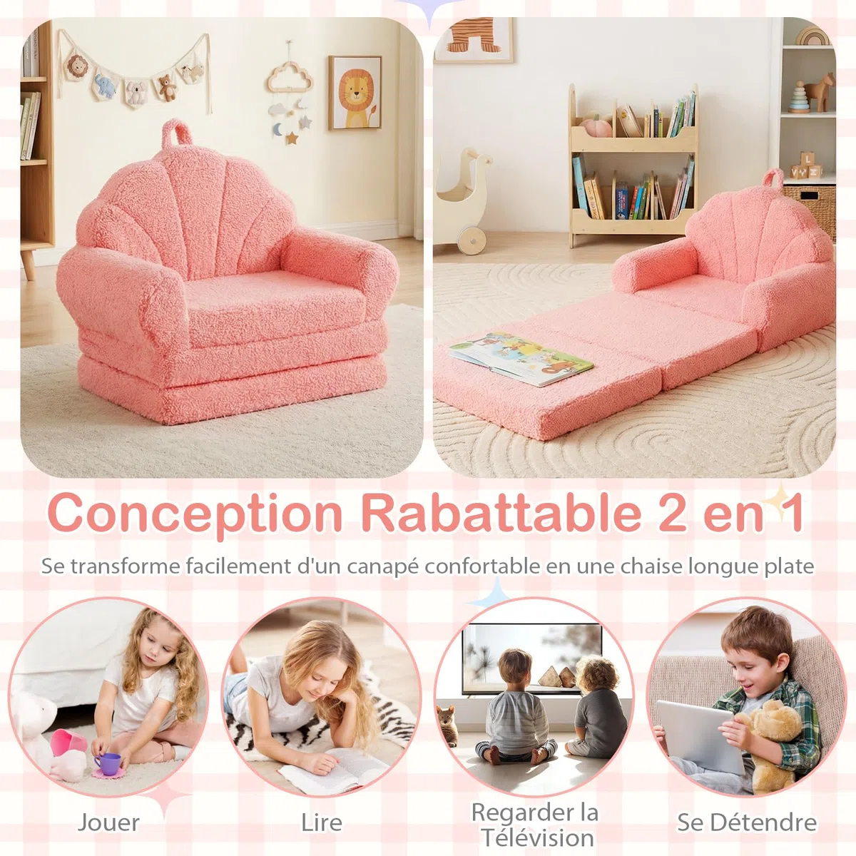 COSTWAY 2 en 1 Canapé-lit Enfant Pliable avec Motif Coquillage, Fauteuil Enfant Convertible en Polaire Teddy avec Housse Amovible & Lavable, Chauffeuse 1 Place pour Cadeau d'anniversaire Fête (Rose)