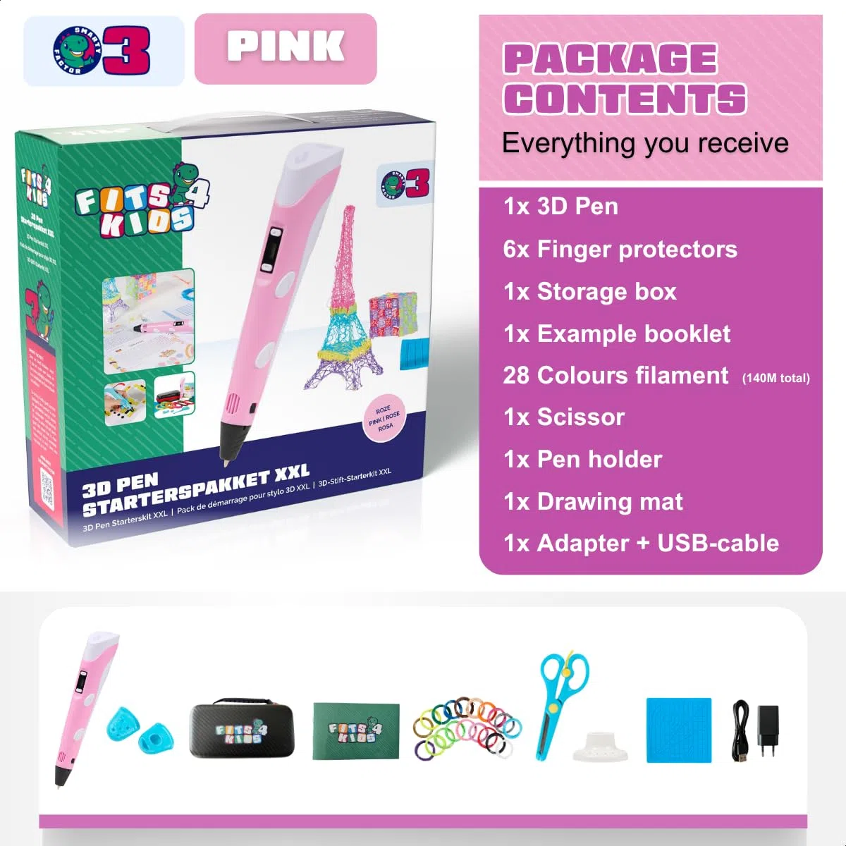 Kit de démarrage pour imprimante 3D - Cadeau pour enfants XXL - Avec filament PLA de 140 m et accessoires (rose)
