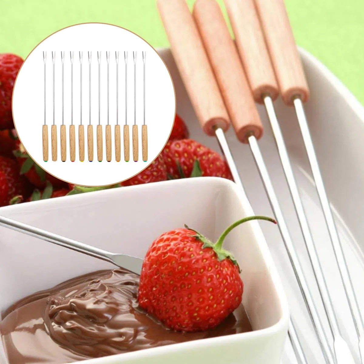 12PCS Fourchettes à Fondue en Acier Inoxydable, Poignées en Bois, pour Fondue au Chocolat, au Fromage, et Barbecues, Couverts Multicolores pour Réceptions et Camping