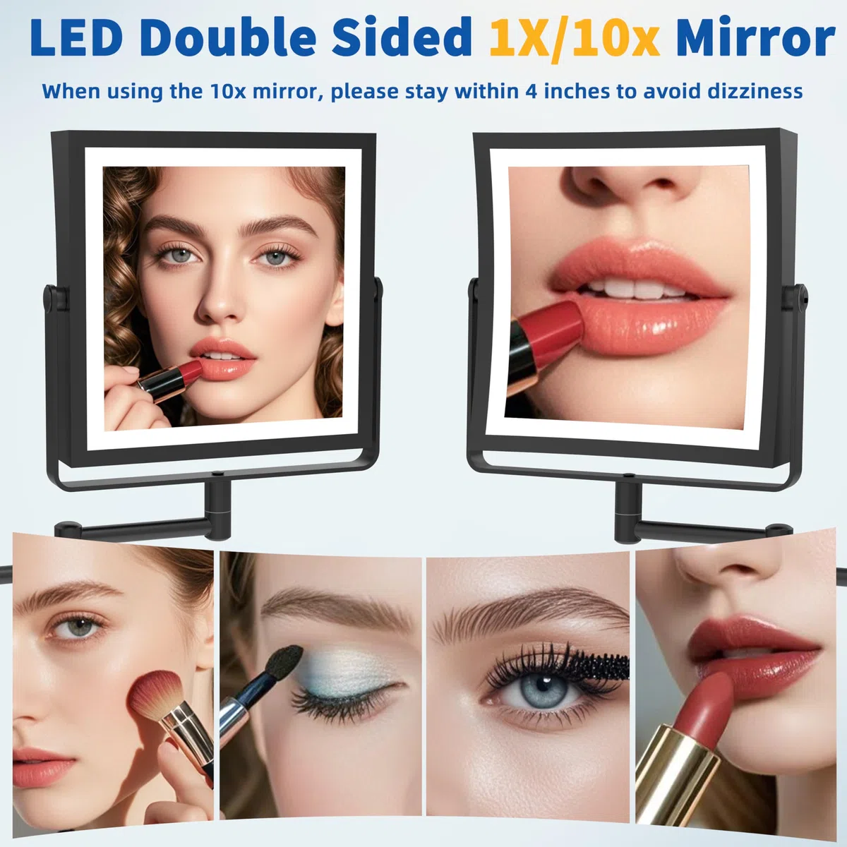 Ruacq Miroir Mural LED Rechargeable 1X/10X, 3 lumières, Tactile dimmable, Rotation 360°, Bras Pliable (Noir Mat)
