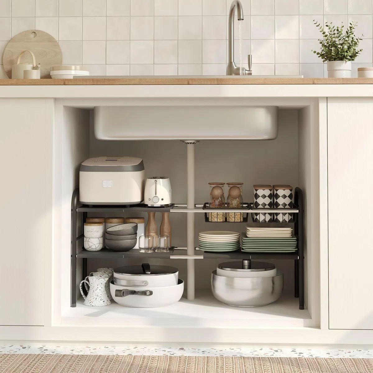 NETEL Organisateur de meuble d'évier, étagère de cuisine extensible avec 6 plaques mobiles et 2 paniers, largeur extensible (52,53-82 cm)
