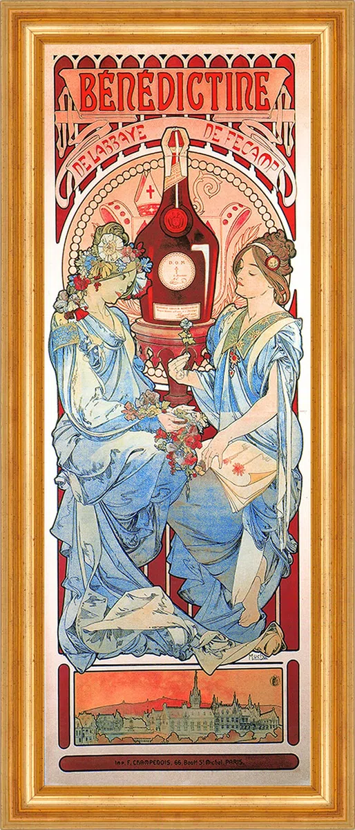 Benedictine De Labbaye de Fecamp Liqueur Impression sur bouteille Mucha 20 encadrée