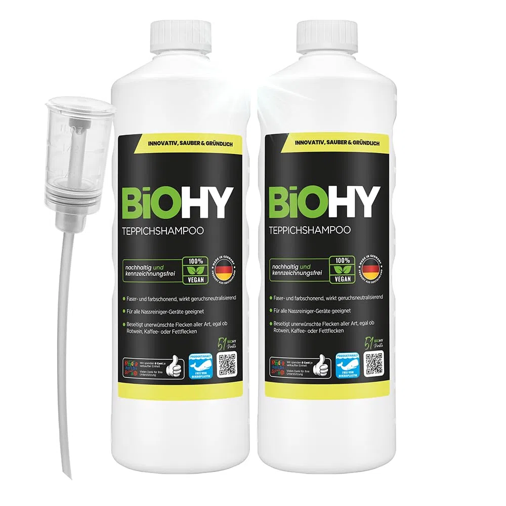 BiOHY Shampoing pour Tapis (2 x 1l Bouteille) + Distributeur | Concentré de nettoyant pour tapis | idéal pour enlever les taches tenaces | bien toléré par les animaux (Teppichshampoo)