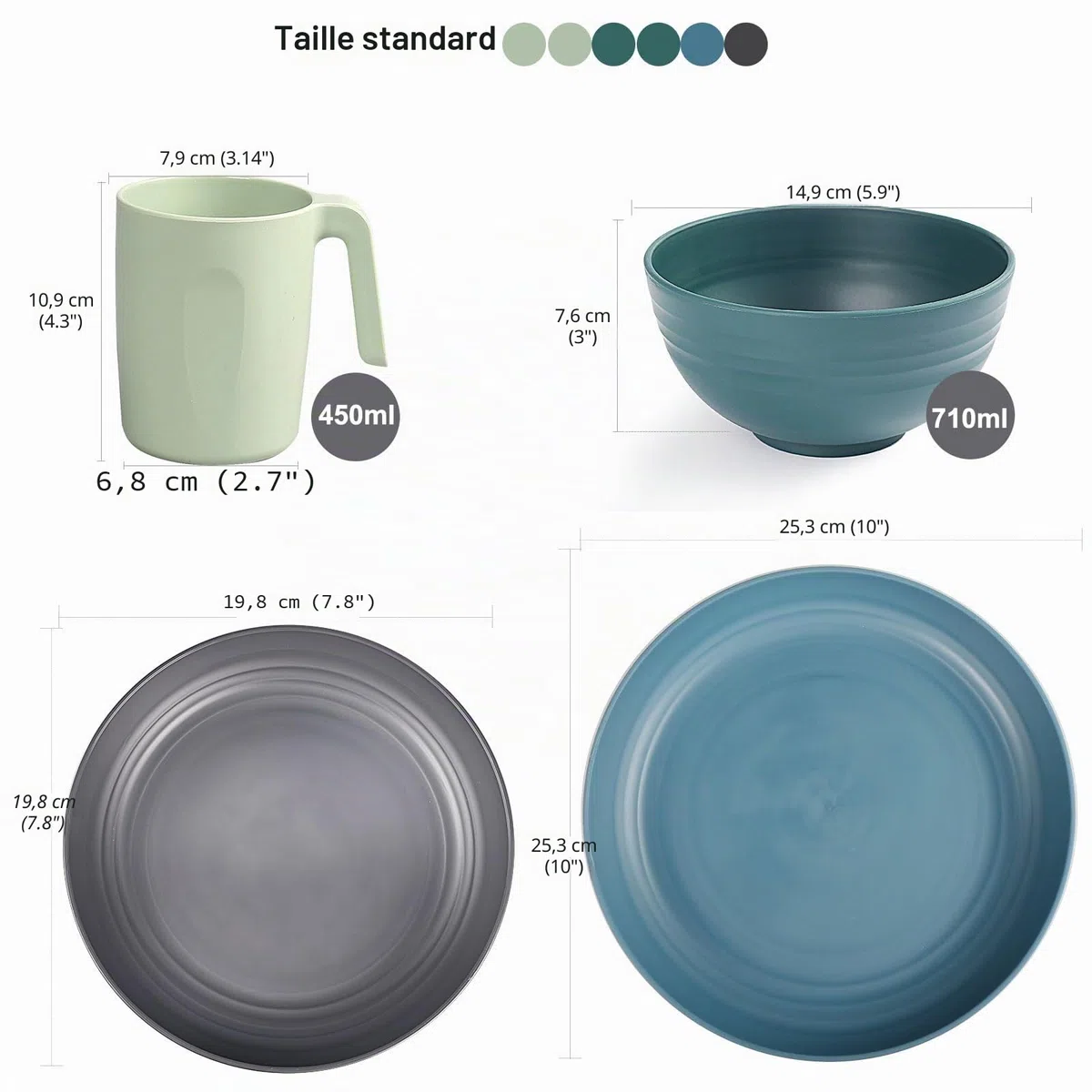Greentainer Ensemble de vaisselle en plastique incassable (24 pièces) | des assiettes, des bols, des tasses, adaptés à 6 personnes, enfants et adultes sont applicables, peuvent être réutilisés