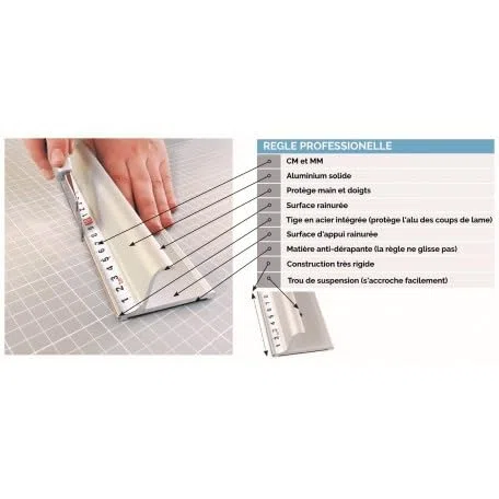 Règle de découpe PRO en alu de 75cm - à protection, antidérapante.