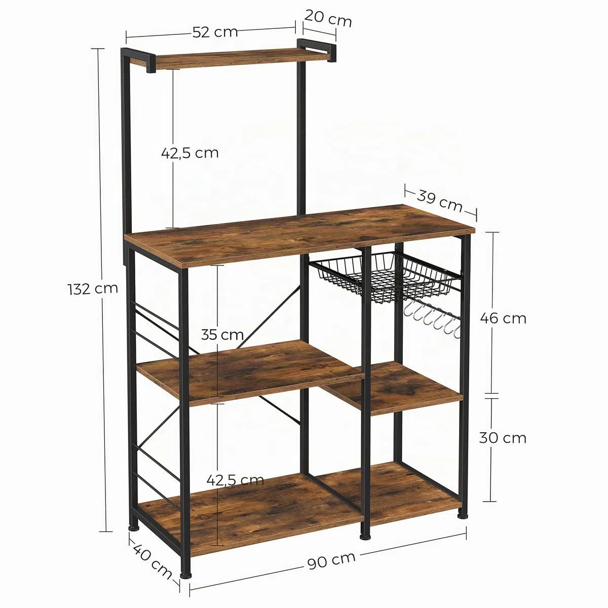 VASAGLE Étagère Cuisine, Support pour Four à Micro-ondes, Rangement Cuisine Gain de Place, avec Panier, 6 Crochets, Étagère à Épices, Casseroles, 40 x 90 x 134 cm, Marron Rustique et Noir KKS35X
