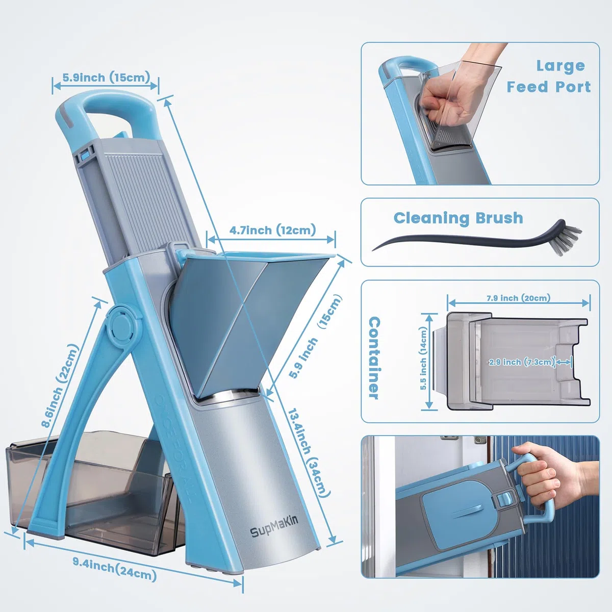 SupMaKin Mandoline de Cuisine Safety Slicer Manuelle Multifonction Tous Coupe Légumes Lame en acier inoxydable, Julienne, Cubes, Fcoupe Patate Frite carotte, Euroshopping -bleu ciel