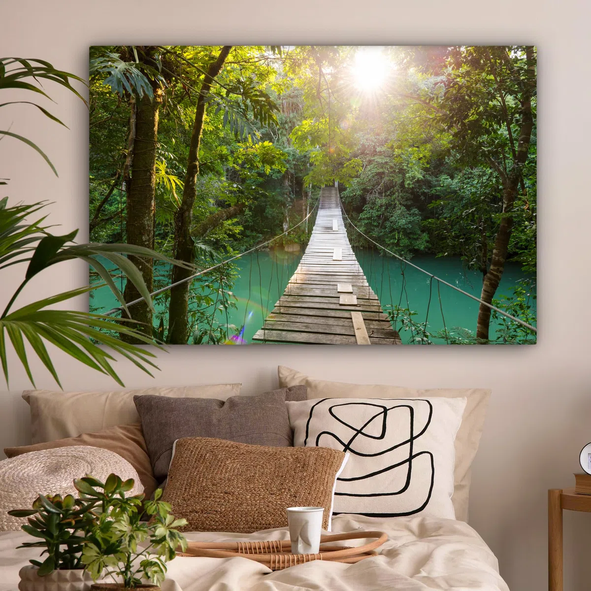 MuchoWow© Impression sur Toile Peinture 120x80 cm Tableau Mural Decoration Salon Reproductions de Tableaux Murale Moderne Jungle - Eau - Pont - Nature - Plantes