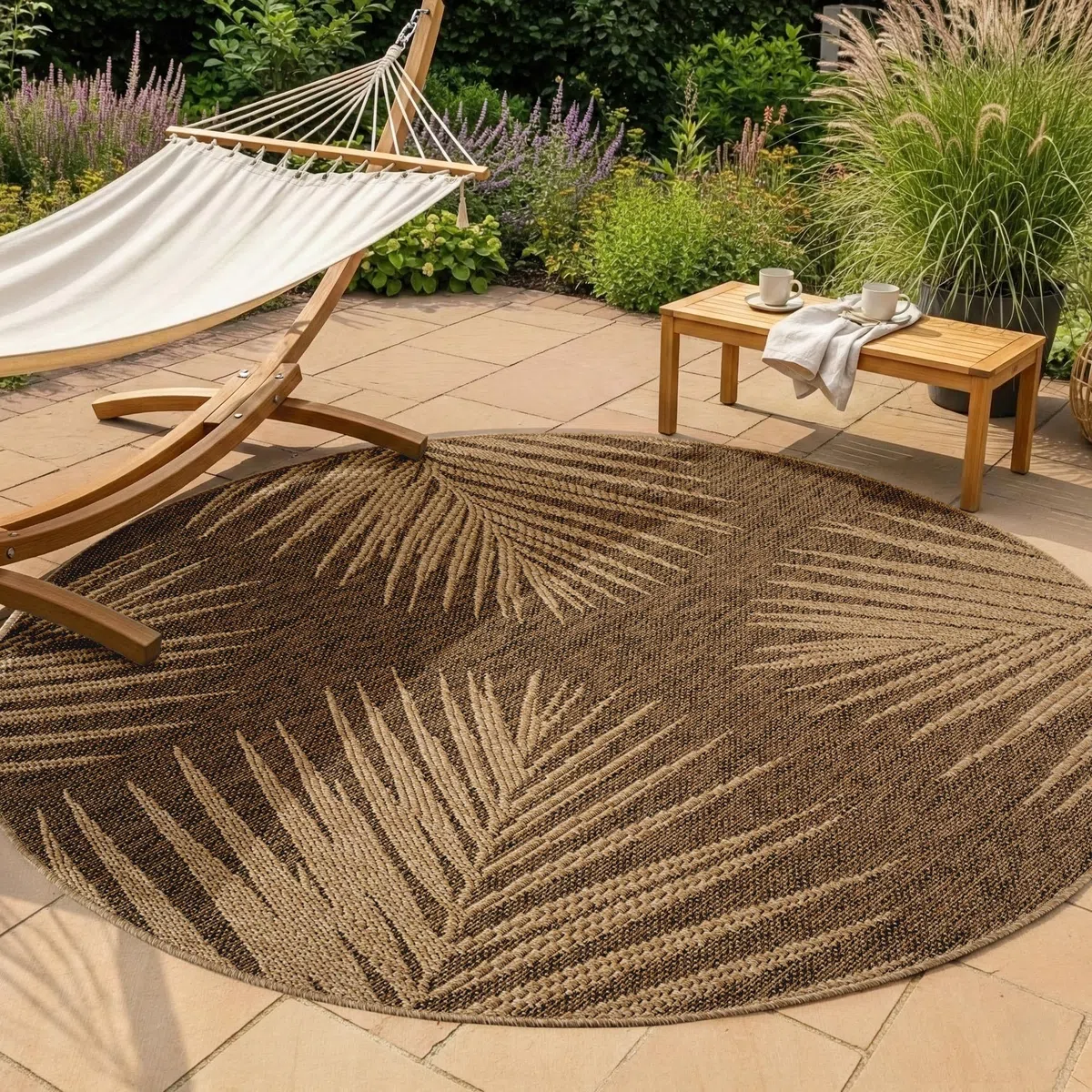 SIMPEX Tapis Extérieur Rond 160 cm Résistant aux Intempéries Facile d'entretien Aspect Jute Naturel Design Palmiers pour Terrasse Jardin Salon Salle à Manger