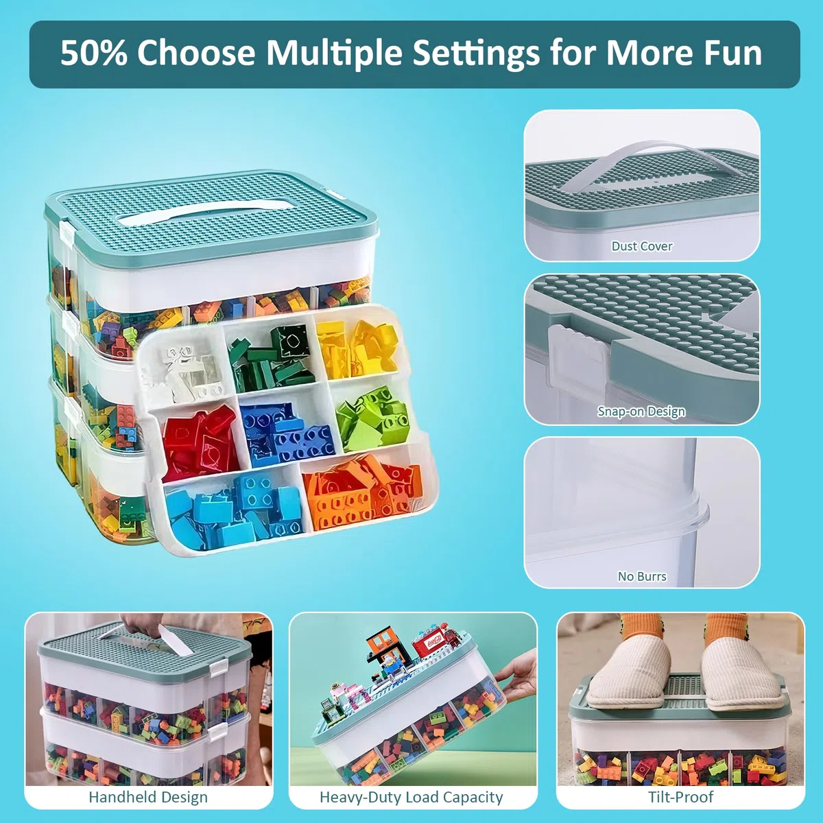 Boîte de rangement organisateur pour jouets Lego empilable, boîtier de rangement conteneur à jouets multi-compartiments pour tri de blocs de construction, mallette portable pour blocs