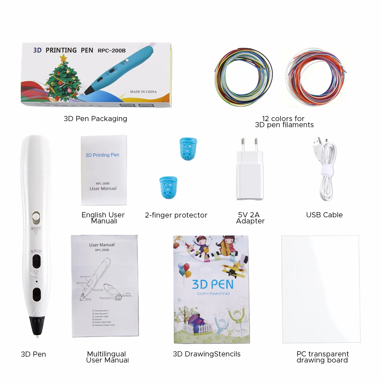 RPC200B Kit de stylos 3D pour enfants,y compris 12 couleurs de filament PLA en plastique, compatible avec le filament PLA, convient aux enfants et aux adultes. (Blanc)