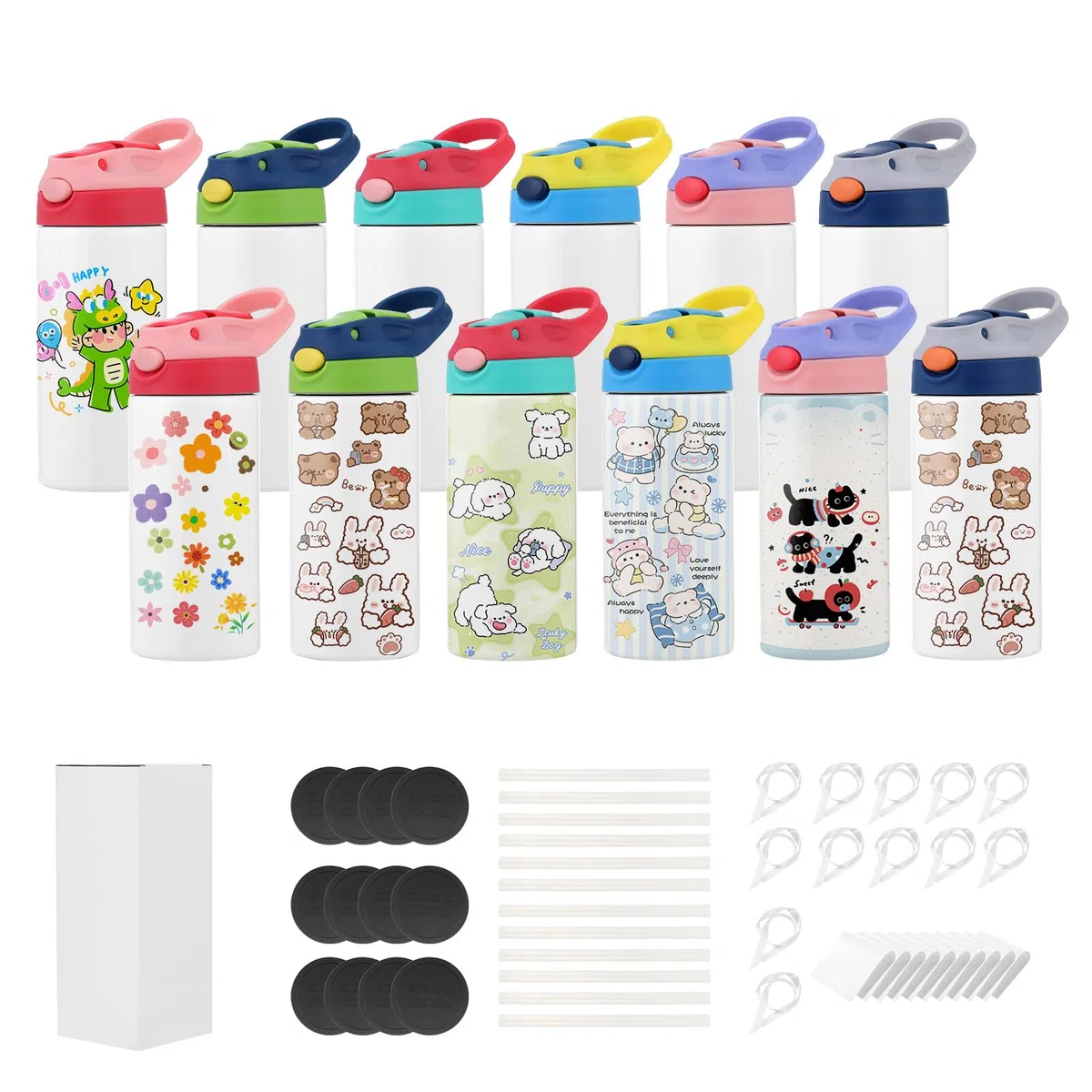 VEVOR Gobelet à Sublimation Vierge 12PCs 355 mL, Gourde Enfant à Personnaliser en Inox de Qualité Alimentaire, pour Personnalisation DIY, Bouteille Sublimable Isotherme à Double Paroi Isolée