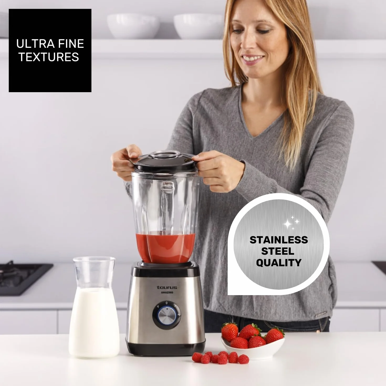 Taurus - Blender de table 1500 W | Bol en verre 1,5 L | 4 lames inox amovibles | Fonction glace pilée | Sans BPA | Compatible lave-vaisselle | 2 vitesses + Turbo | Gris