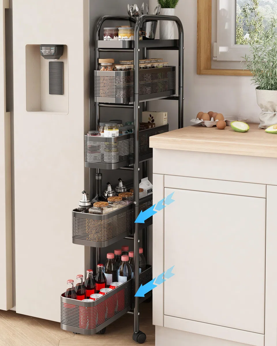 UMDONX Chariots de Rangement pour Cuisine Chariot à roulettes étroit en métal à 5 Niveaux desserte à roulettes sur roulettes avec tiroirs coulissants étagère de Niche(Noir)