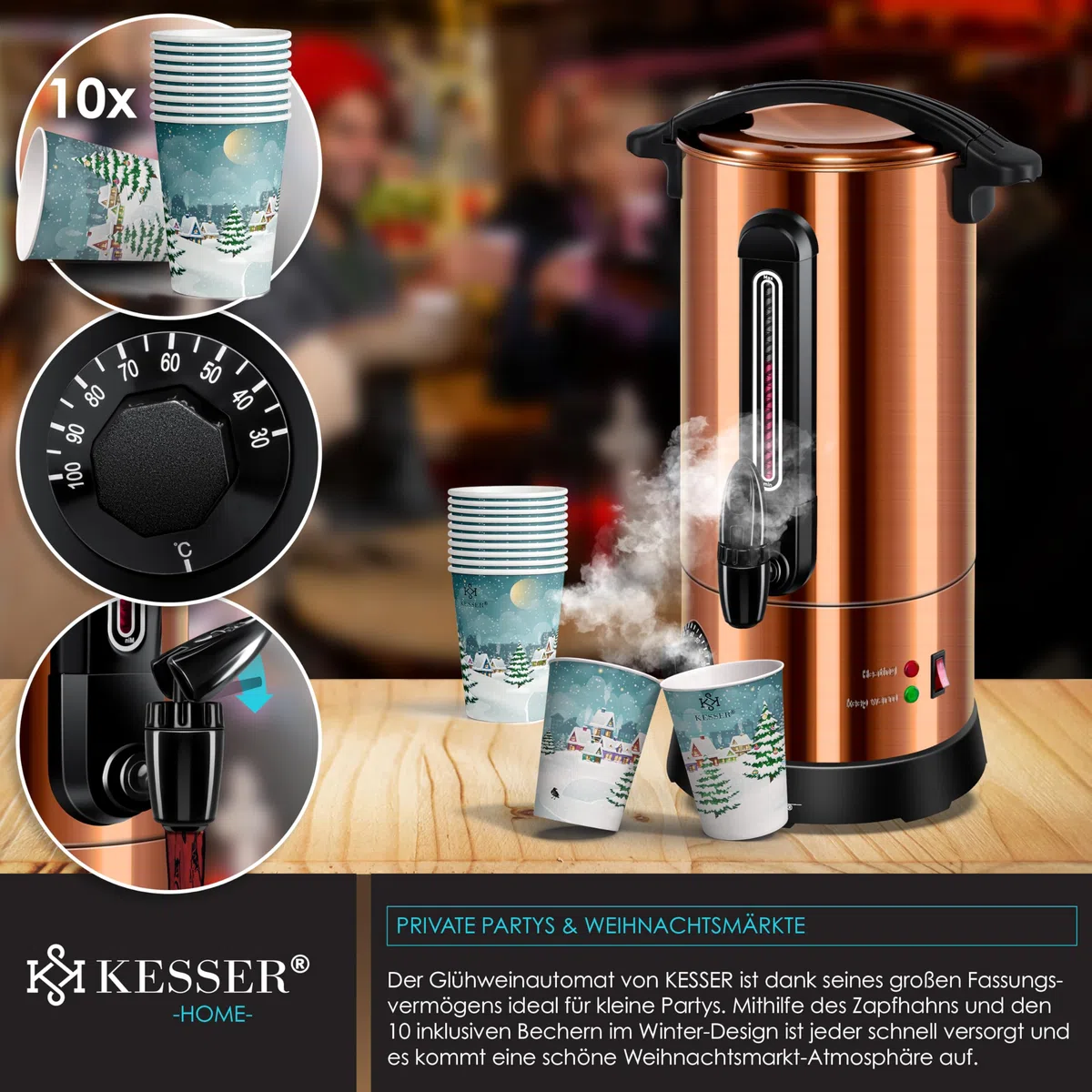 KESSER® Bouilloire à vin chaud en acier inoxydable 10 l avec 10 tasses avec thermostat - Distributeur automatique d'eau chaude - Indicateur de niveau de remplissage - Robinet