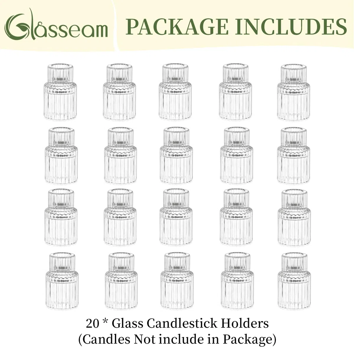 Glasseam Bougeoirs en Verre Transparent, Lot de 20 Bougeoirs en Cristal Strié pour Bougies, Bougeoir De NoëL Chic pour Table à Manger, DéCorations De Mariage Et De FêTe.