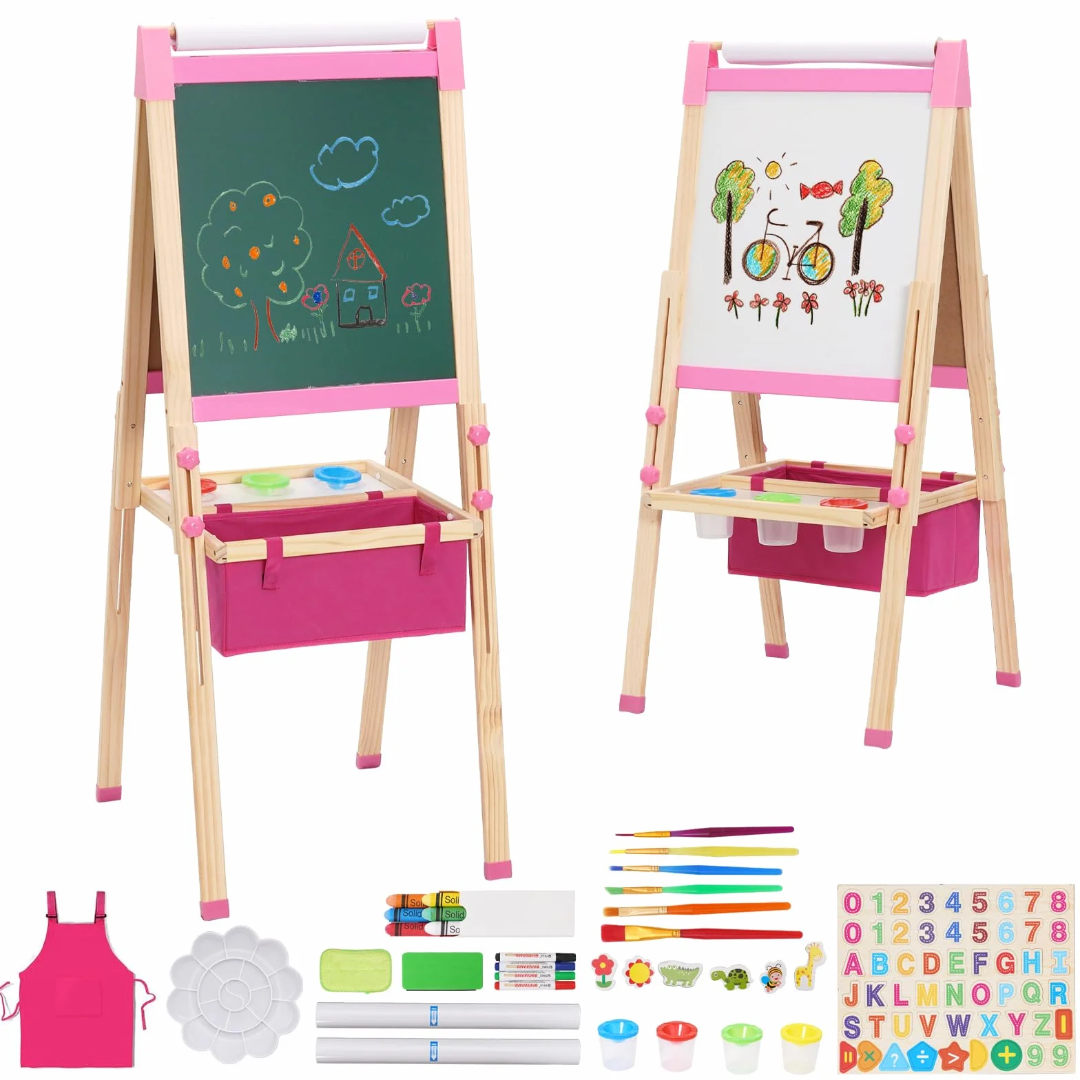 3 en 1 Chevalet Enfant avec Rouleau de Papier, Rangement et Kit de Dessin, Tableau Double Face Enfant, Tableau de Griffonnage pour Kids, Planche à Dessin pour Enfants à partir de 4 ans