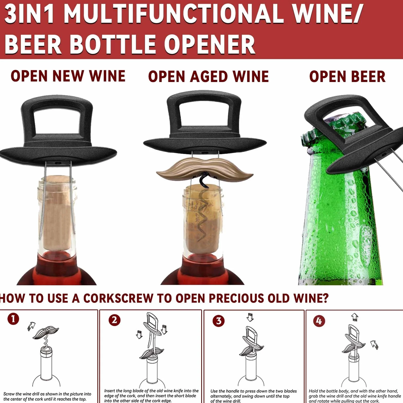 ZONSUSE Ouvre-bouteille Ao So Style Gentleman Anglais, Tire bouchon à Vin Gentleman,Tire-Bouchon Bilame pour Bouchons Fragiles de Vieux Vins,Idee Cadeau pour Collectionneurs de Vin