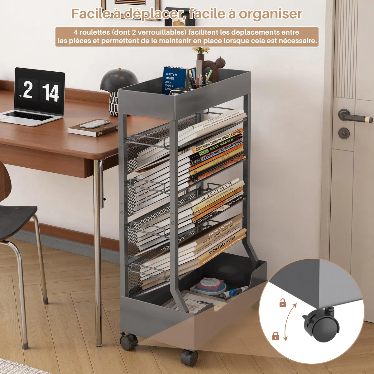 Bibliothèque mobile avec roue, organisateur de bureau, étagère de bureau, chariot à livres, porte-revues, grande capacité, gris