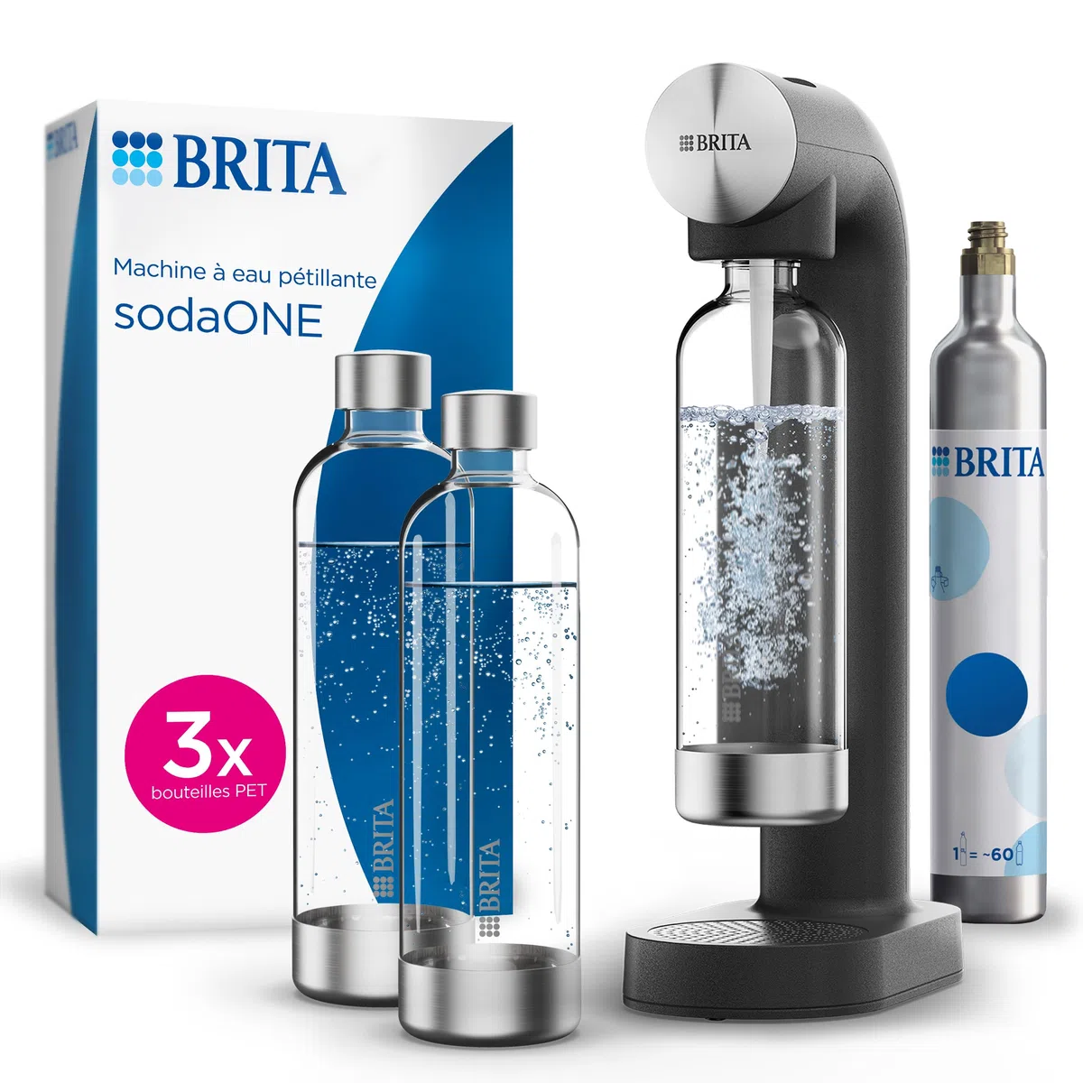 BRITA Machine à Eau Pétillante SodaONE Noire + 3 Bouteilles 1L en PET
