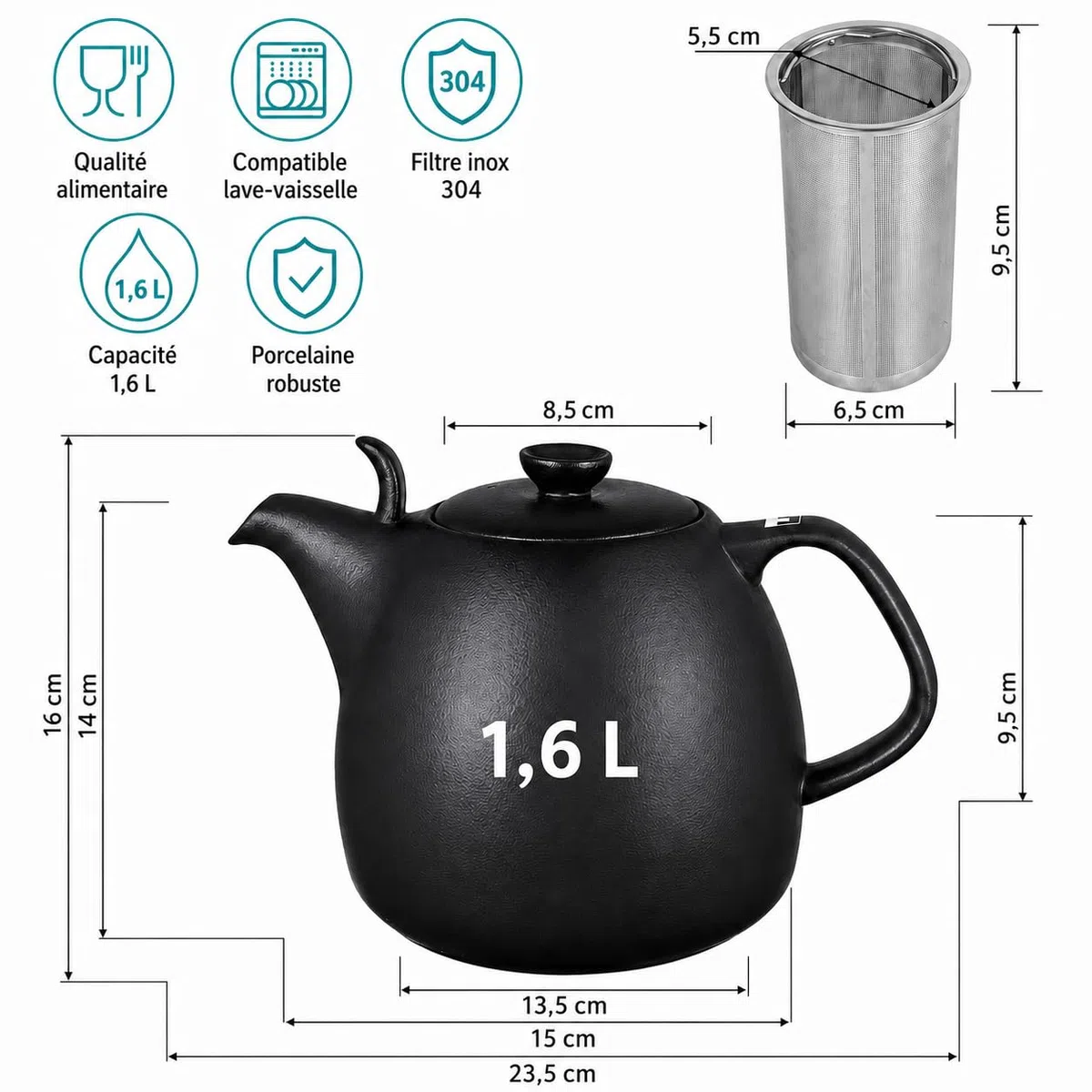 Théière "Copenhague" avec infuseur, 1,6 L, noire, en porcelaine, adaptée pour réchaud avec infuseur amovible en acier inoxydable à mailles fines. Théière en porcelaine.