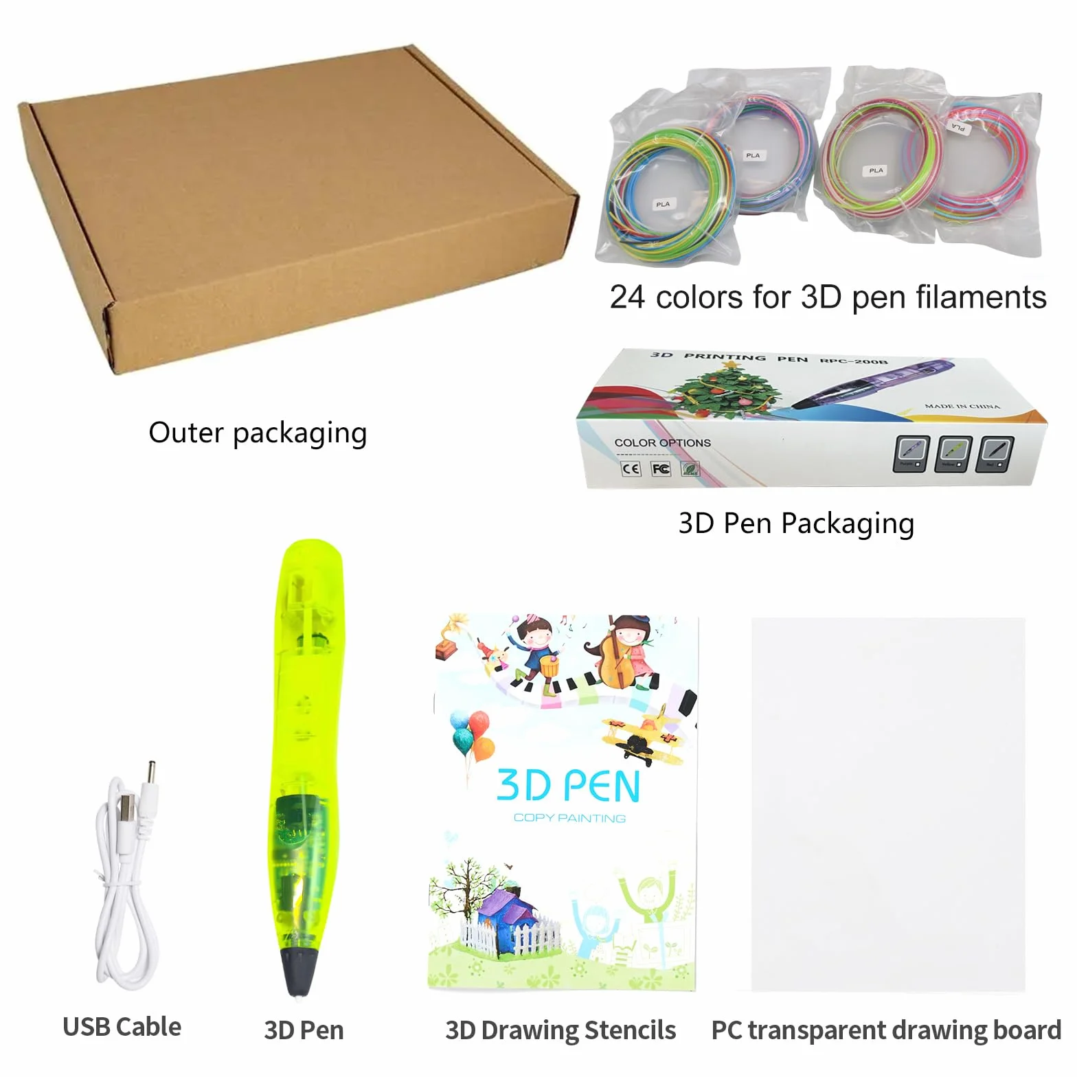Stylo 3D pour enfants, filament PLA 24 couleurs, stylo d'impression 3D avec bouton de contrôle, câble USB, protection 2 doigts, pochoirs, support de dessin