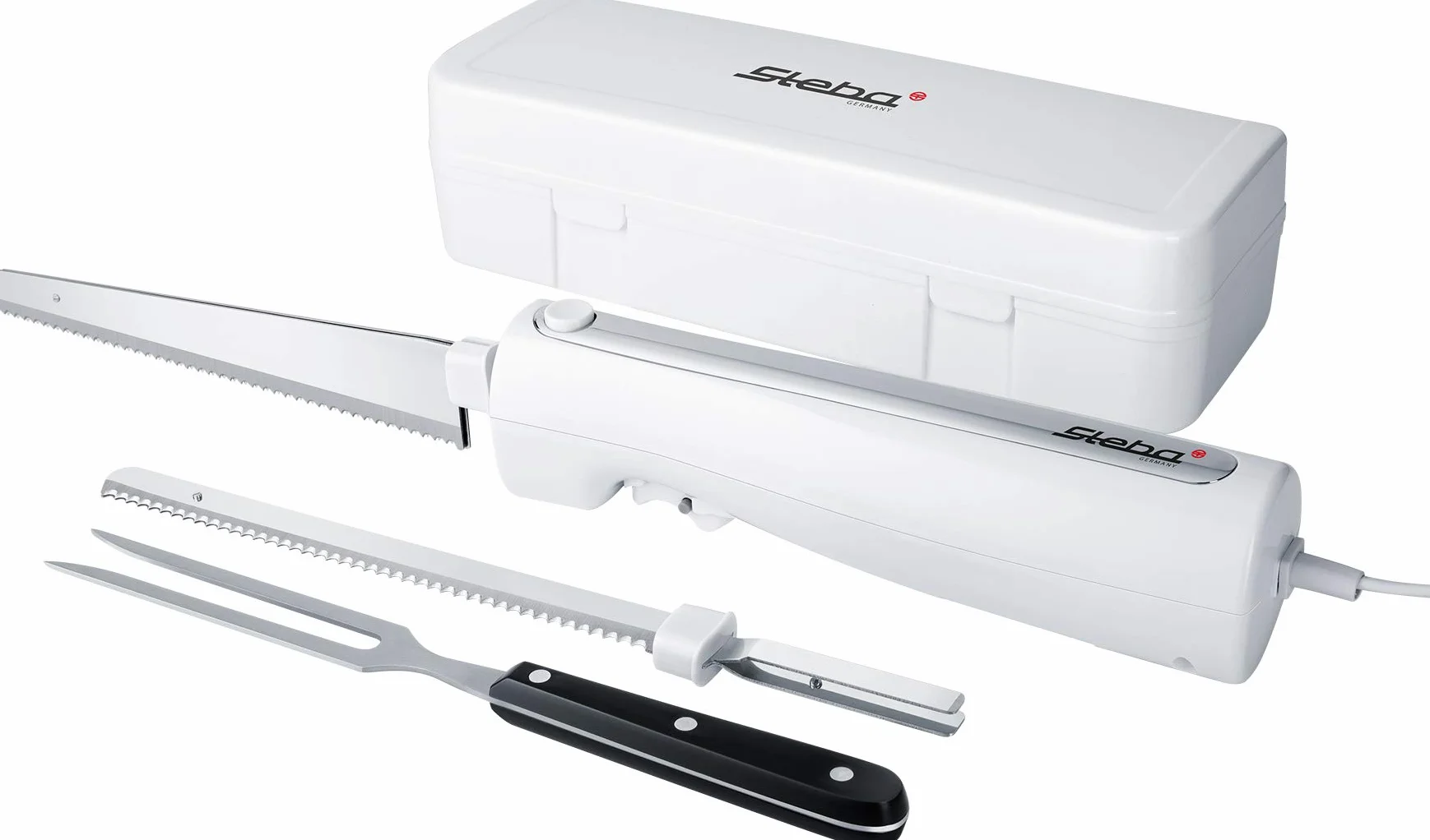 Steba Couteau électrique, boîtier ergonomique pour une utilisation confortable, avec couteau universel et couteau à pain, boîte de rangement et fourchette à viande en acier inoxydable, EM 3