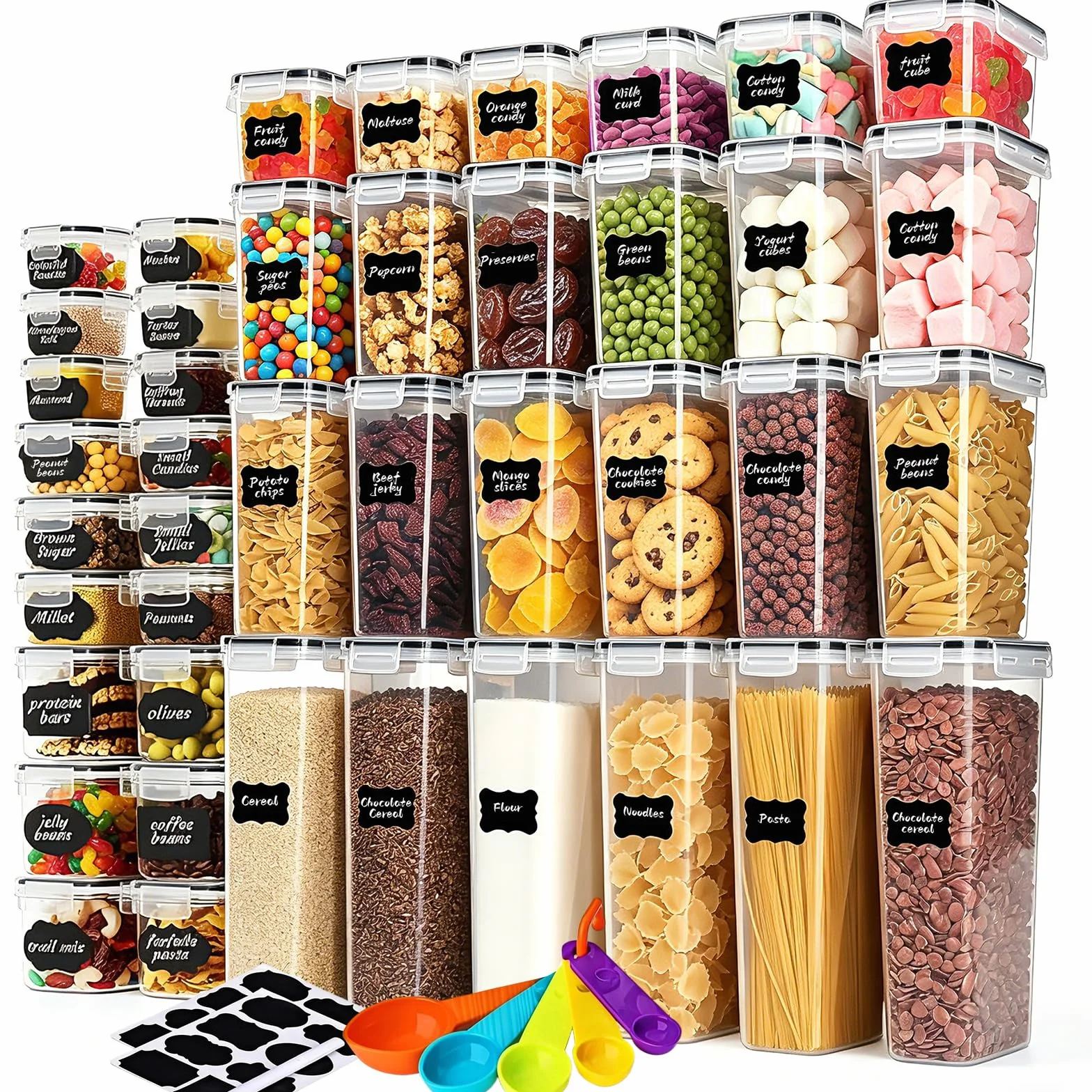 42 boîtes de rangement hermétiques avec couvercles pour céréales, farine et sucrePots de cuisine et d'organisation en plastique, y compris cuillères, étiquettes et stylos
