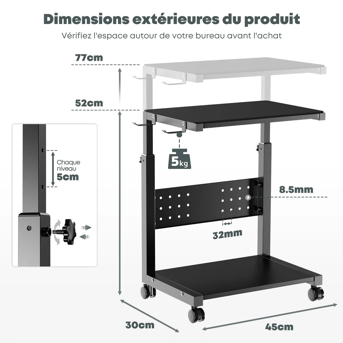 Support Tour PC avec roulettes - 2 étages Support unité Centrale avec roulettes et Tapis de Souris, Hauteur réglable de 52 cm à 77 cm, pour Gaming, Bureau, Maison, Charge Max 40 kg/Niveau, Noir