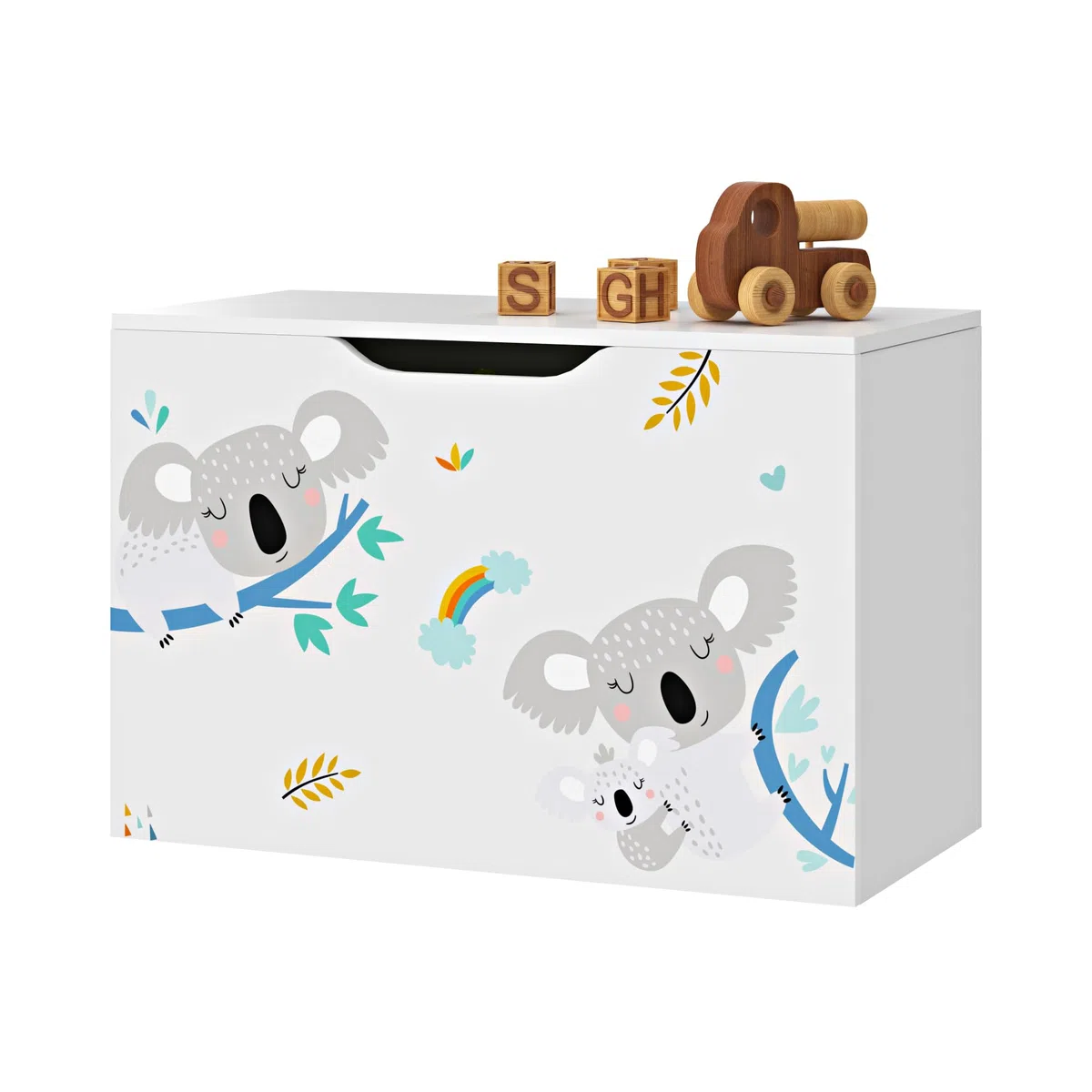 [en.casa] Coffre à Jouets pour Enfant Meuble de Rangement à Couvercle Rabattable Banc à Motif Koala Capacité de Charge 70 kg Panneau de Particules 40 x 60 x 30 cm Blanc Gris Bleu