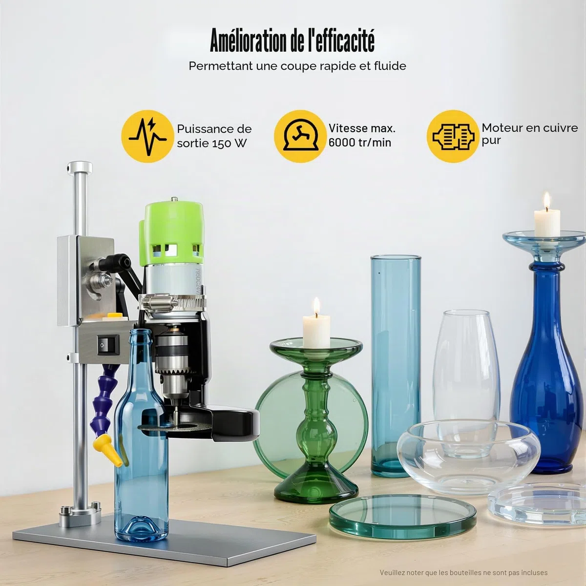 SHZICMY Coupe-bouteille électrique en verre, 150 W, vitesse réglable 2000-6000 tr/min, kit de coupe-bouteille pour bouteilles de vin/verre de mer/artisanat, pot de fleurs à faire soi-même
