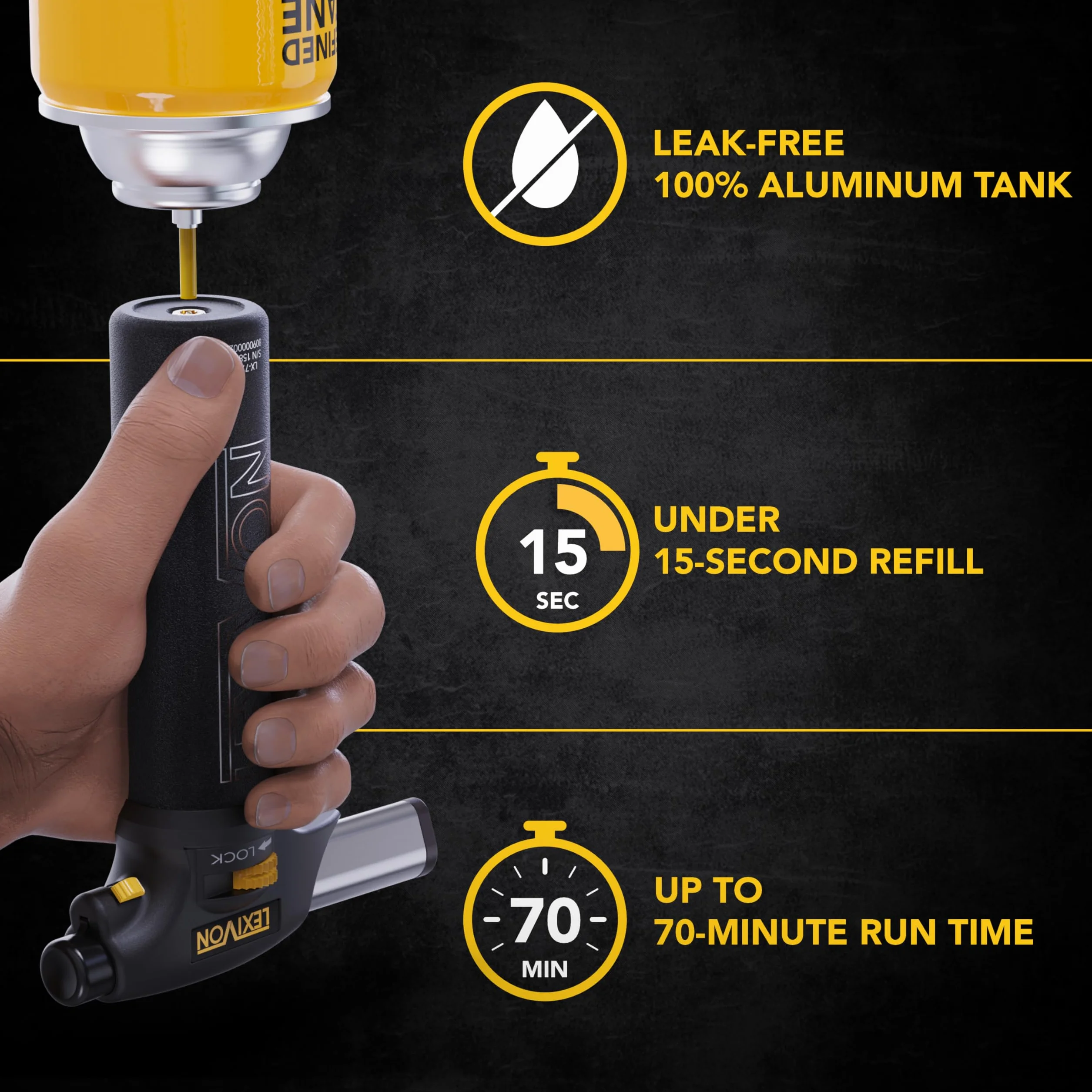 LEXIVON Chalumeau de Cuisine au Butane, Rechargeable | Allumage Automatique avec Verrou de Sécurité et Flamme Réglable | Réservoir en Aluminium de Qualité Professionnelle (LX-775)