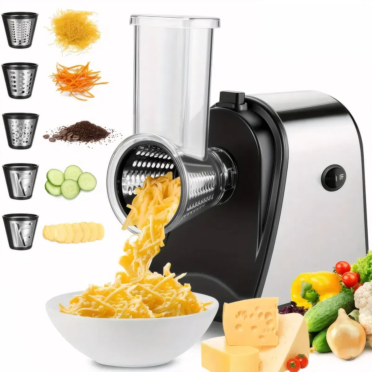 Râpe à fromage électrique, machine à salade avec 5 lames différentes, 250 W, trancheuse électrique pour la maison, la cuisine, râpe électrique pour fromages, fruits, légumes, sans BPA
