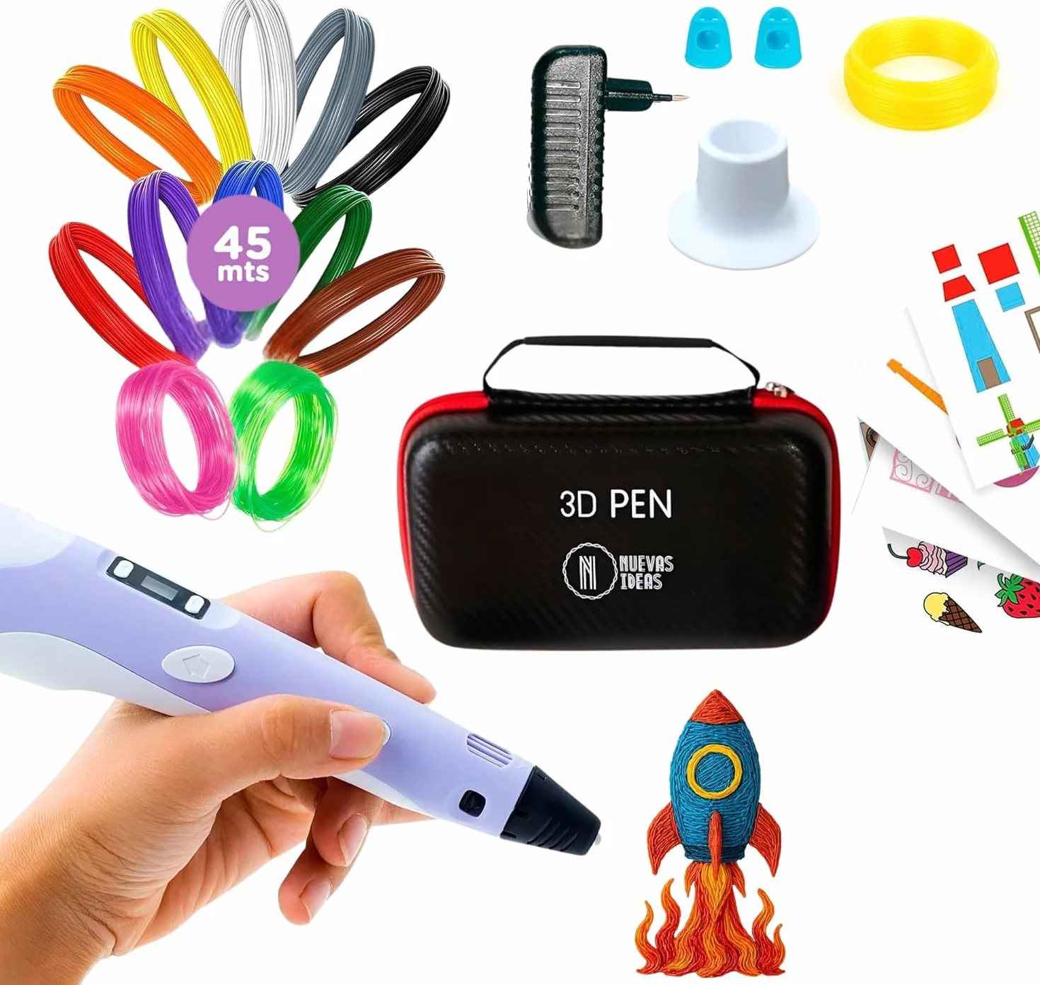 Stylo 3D de précision | Kit Complet avec 45 m de Filament PLA (15 Couleurs) et 3 Couleurs Fluorescentes | Vitesse réglable | Outil pour travaux manuels et réparations. Sac DE Transport Inclus