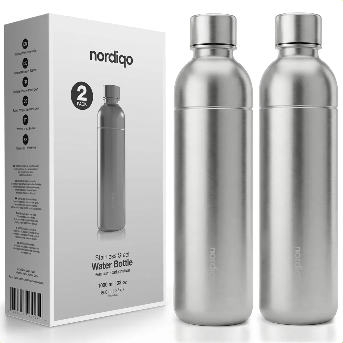 Bouteille Inox 1L | Compatible avec Aarke Carbonator 3, SodaStream Duo & Bouteilles Plastique | Pas pour Crystal & Jet | Sans date d'expiration | Sans plastique | 2x Inox