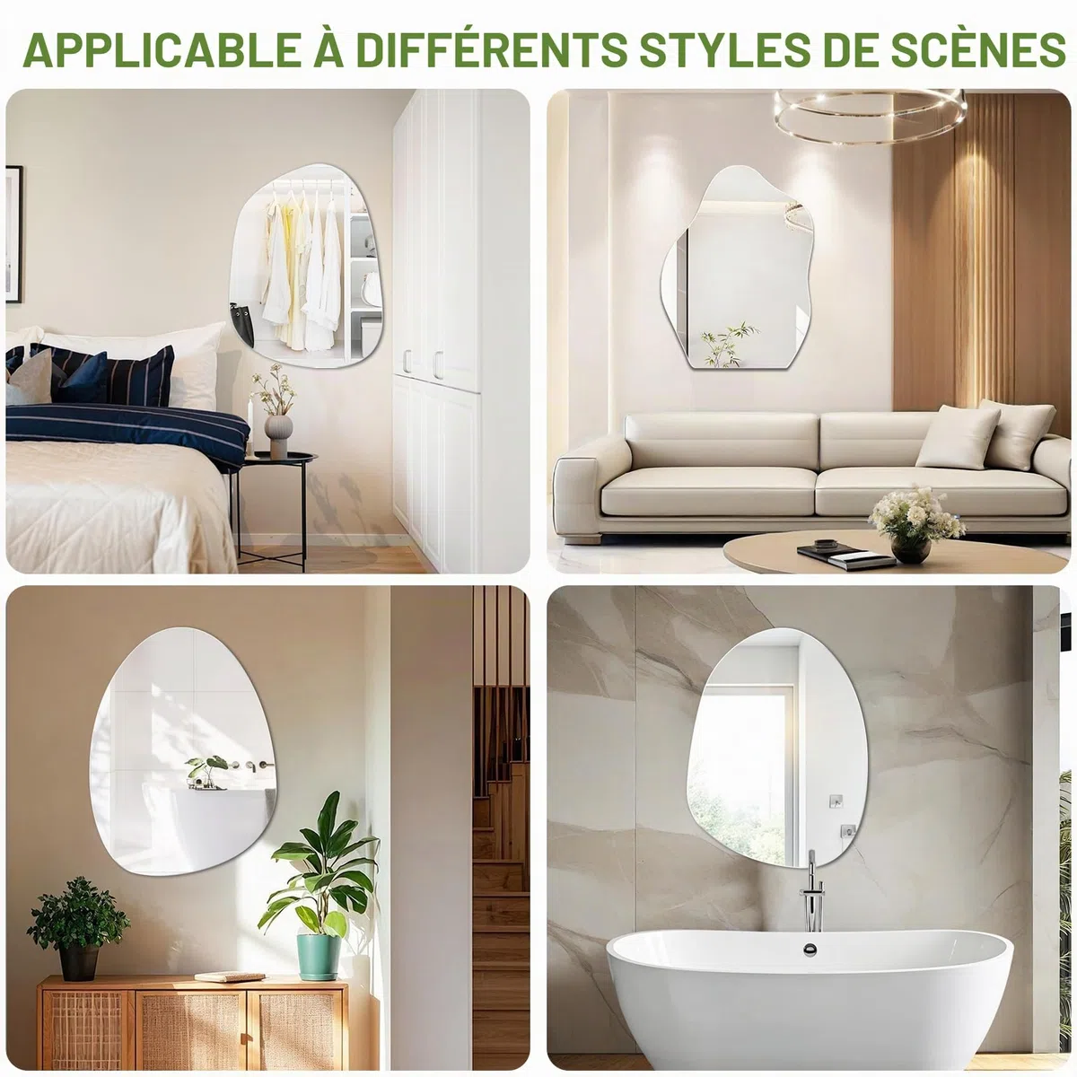Grand Miroir Asymétrique 60 x 45 cm Miroir Mural Ovale Irrégulier Verre HD décoratif Moderne Miroir Salle de Bain Chambre Salon Entrée