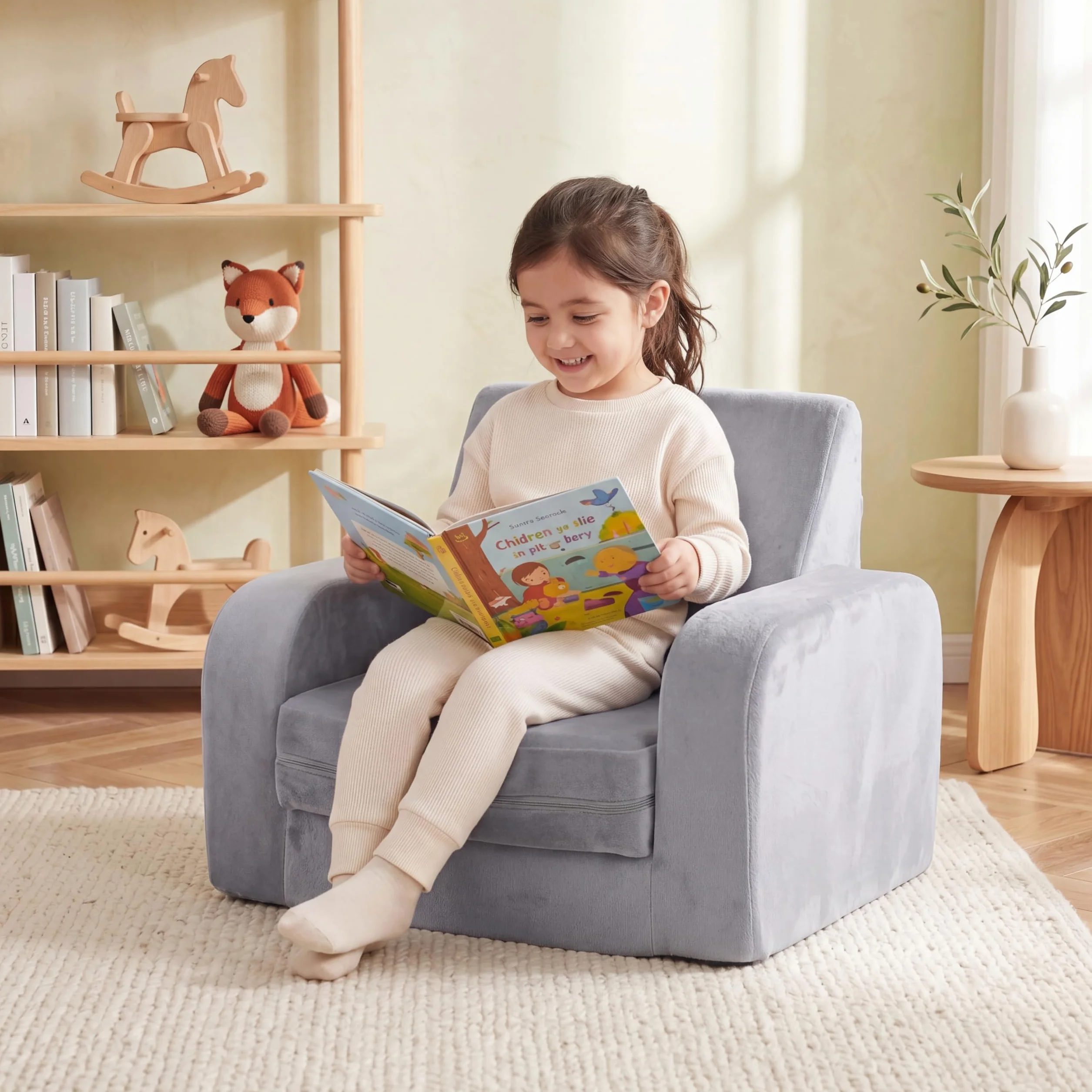 LIFEZEAL Canapé Enfant Depliant 3 en 1, Mini Canapé Enfant Pliable avec Housse Amovible en Velours Cristal, Canapé-lit en Mousse, Fauteuil Bebe pour Chambre et Salle de Jeux (Gris, Plié en 3)