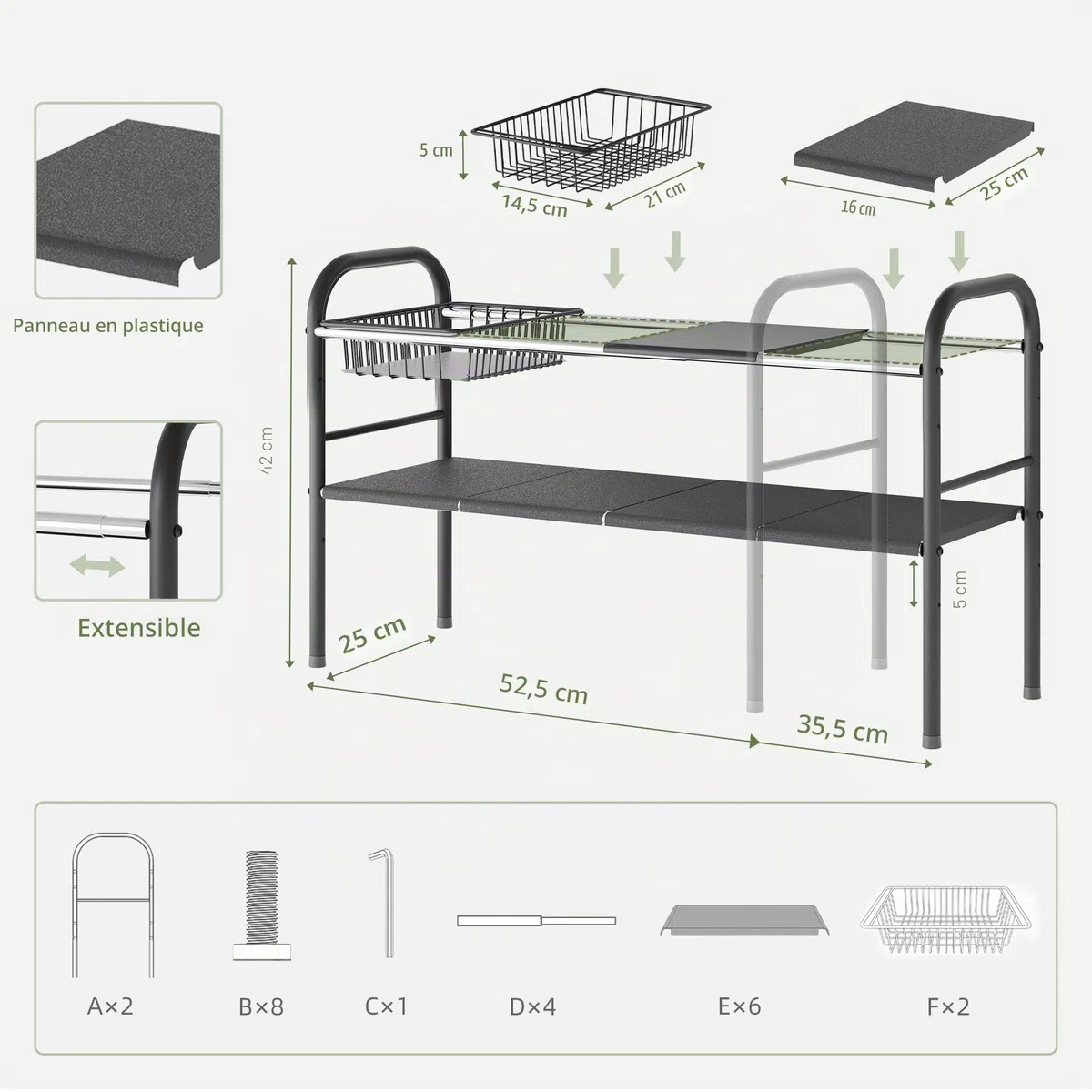 NETEL Organisateur de meuble d'évier, étagère de cuisine extensible avec 6 plaques mobiles et 2 paniers, largeur extensible (52,53-82 cm)