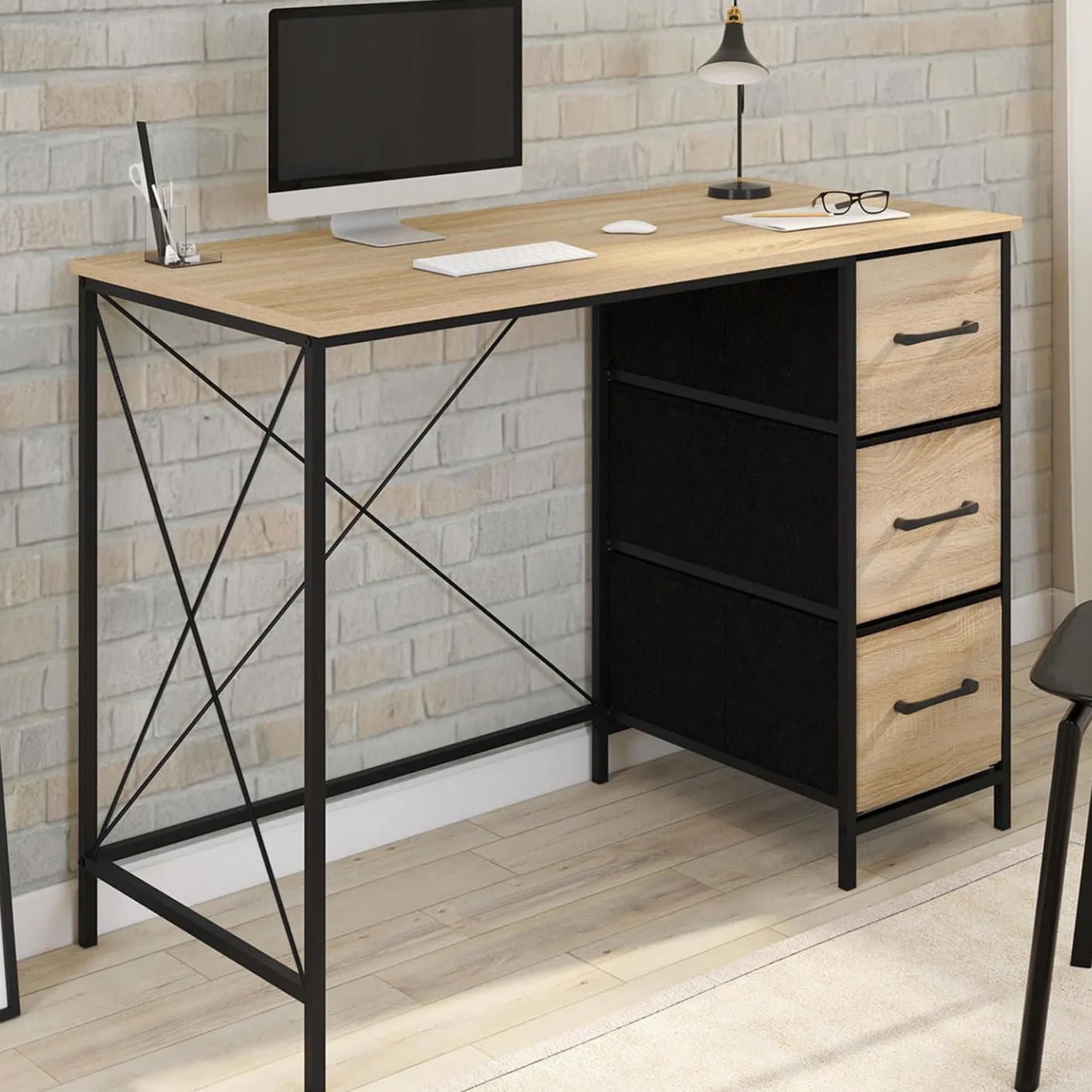 IDMarket - Bureau 3 tiroirs en Tissu Utah Bois et Noir Design Industriel